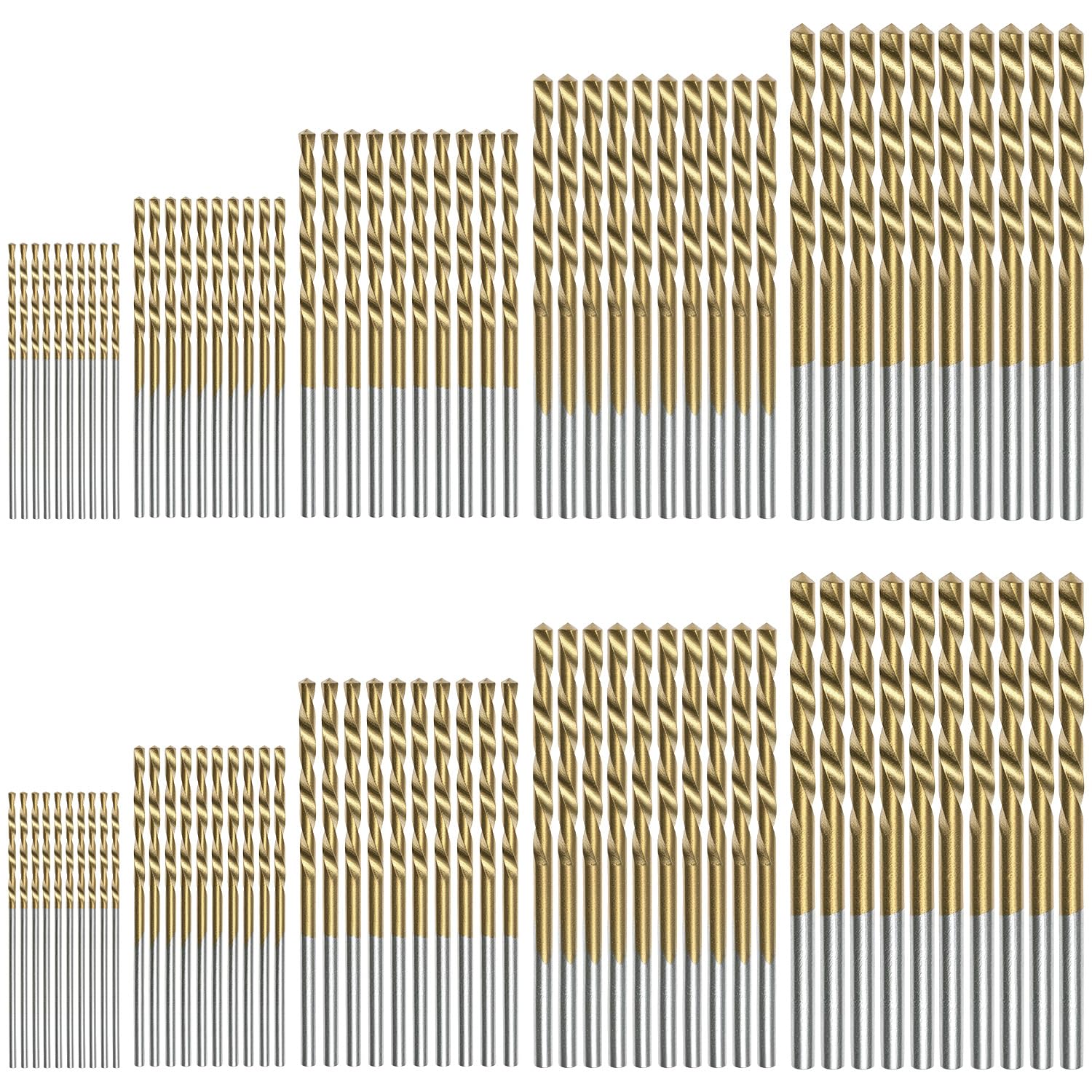 QWORK® 100 piezas Juego de brocas en espiral, recubiertas de titanio HSS, 1 mm, 1,5 mm, 2 mm, 2,5 mm y 3 mm para madera, metales blandos y plástico