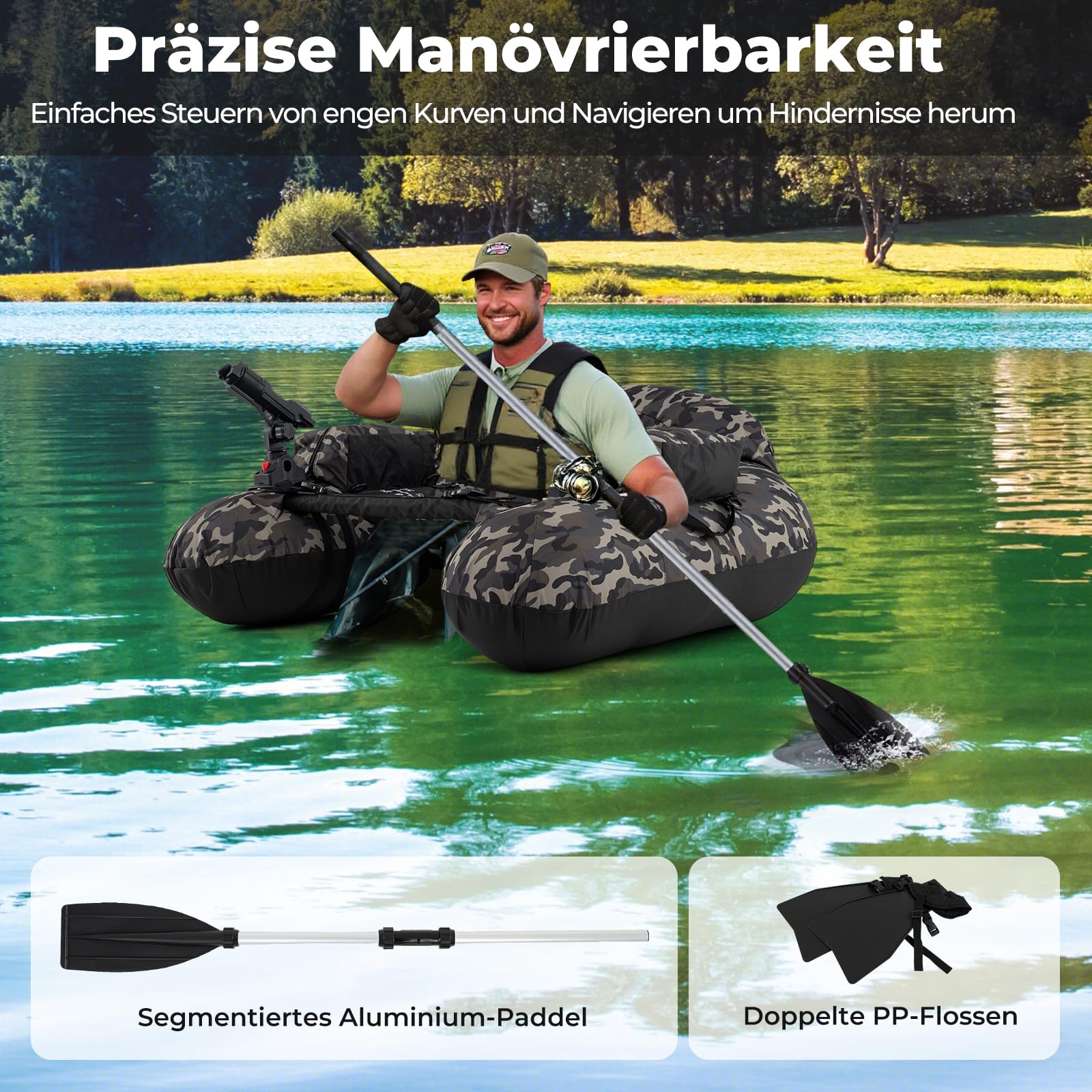 GOPLUS Aufblasbares Belly Boot, Angelboot mit Aluminium-Paddel, Flossen, Luftpumpe, Verstellbarer Angelrutenhalter, Staufächer, Schlauchboot tragbar für 1 Person, 111 x 104 x 46 cm