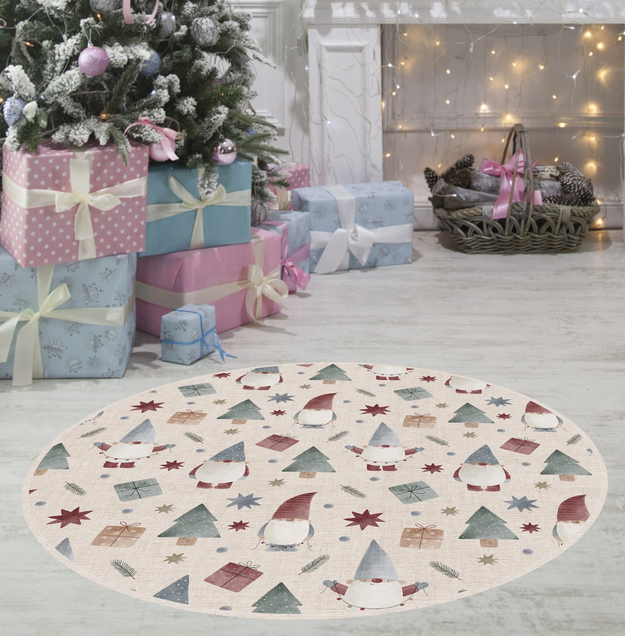 VINILIKO Design | Alfombra Vinílica Redonda Gnomos sobre Tela [Diam] 95 cm - Antideslizante, Impermeable, Lavable - Varios Tamaños - Alfombra Vinilo Salón, Cocina