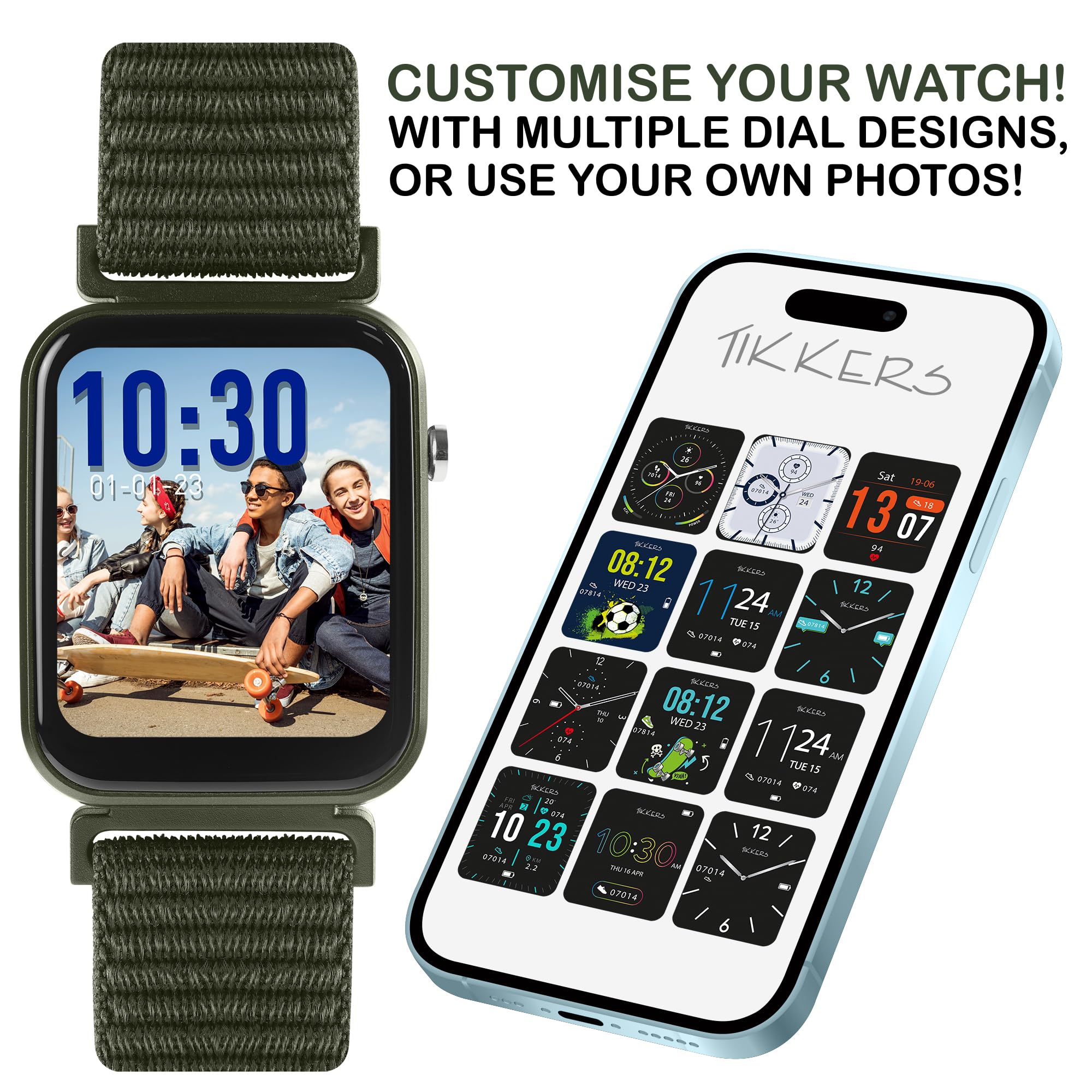 Tikkers Kids Series 13 Montre intelligente avec moniteur de fitness, réveil, appareil photo, connexion GPS, moniteur de fréquence cardiaque, compteur de pas, écran tactile, IP68, sangle Velcro verte