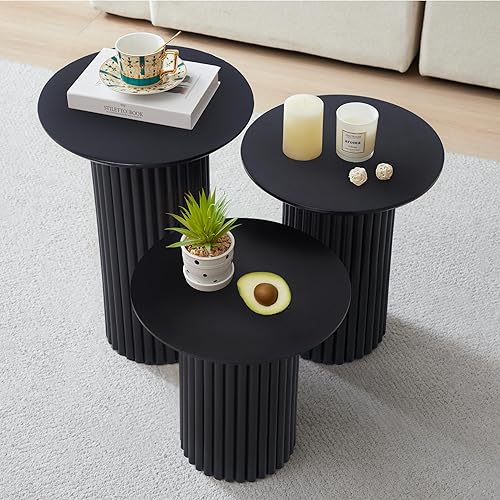 Miniatura 2 de Juego de 3 mesas redondas anidadas, mesa de café y mesa auxiliar de estilo Mid Century Modern con estrías, mesa lateral pequeña de madera circular