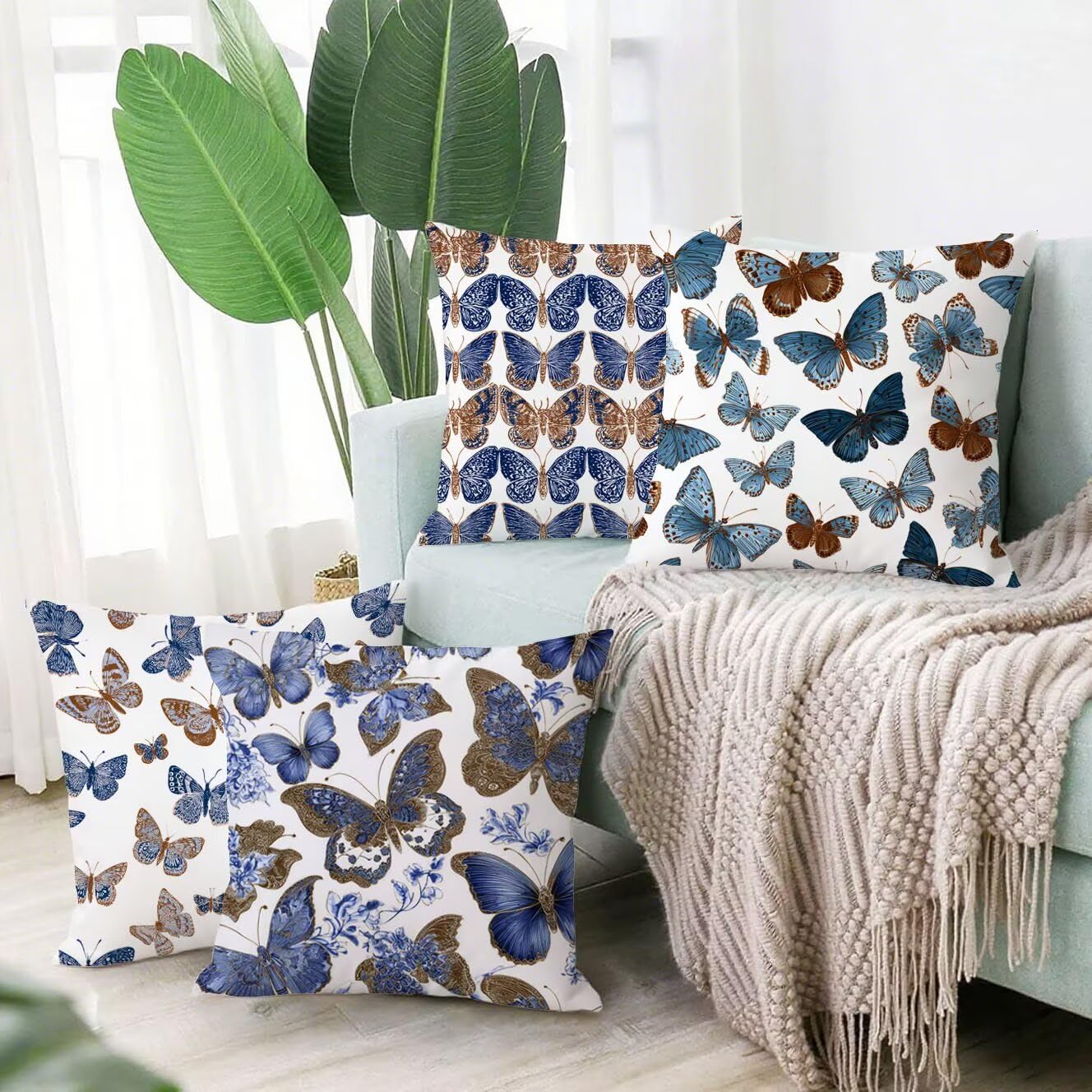 Federe Cuscini Divano 50x50cm, Set Di 4 Cuscini Per Divano Blu Lino, Quadrato federe cuscino letto Le ali, Cuscini Da Esterno Impermeabili, Applicabile Soggiorno E Camera Da Letto Decorazione B-563