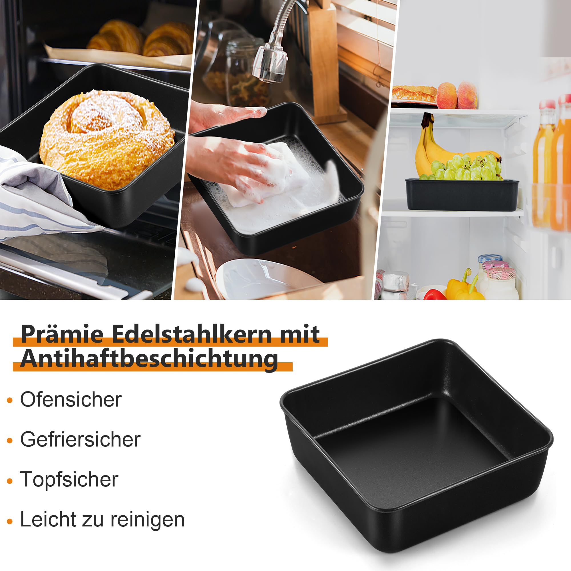 TEAMFAR Set di 2 pirottini quadrati in acciaio inox Brownie con rivestimento antiaderente, perfetti per torte lasagne brownie non tossiche, facili da pulire, 15,9 cm