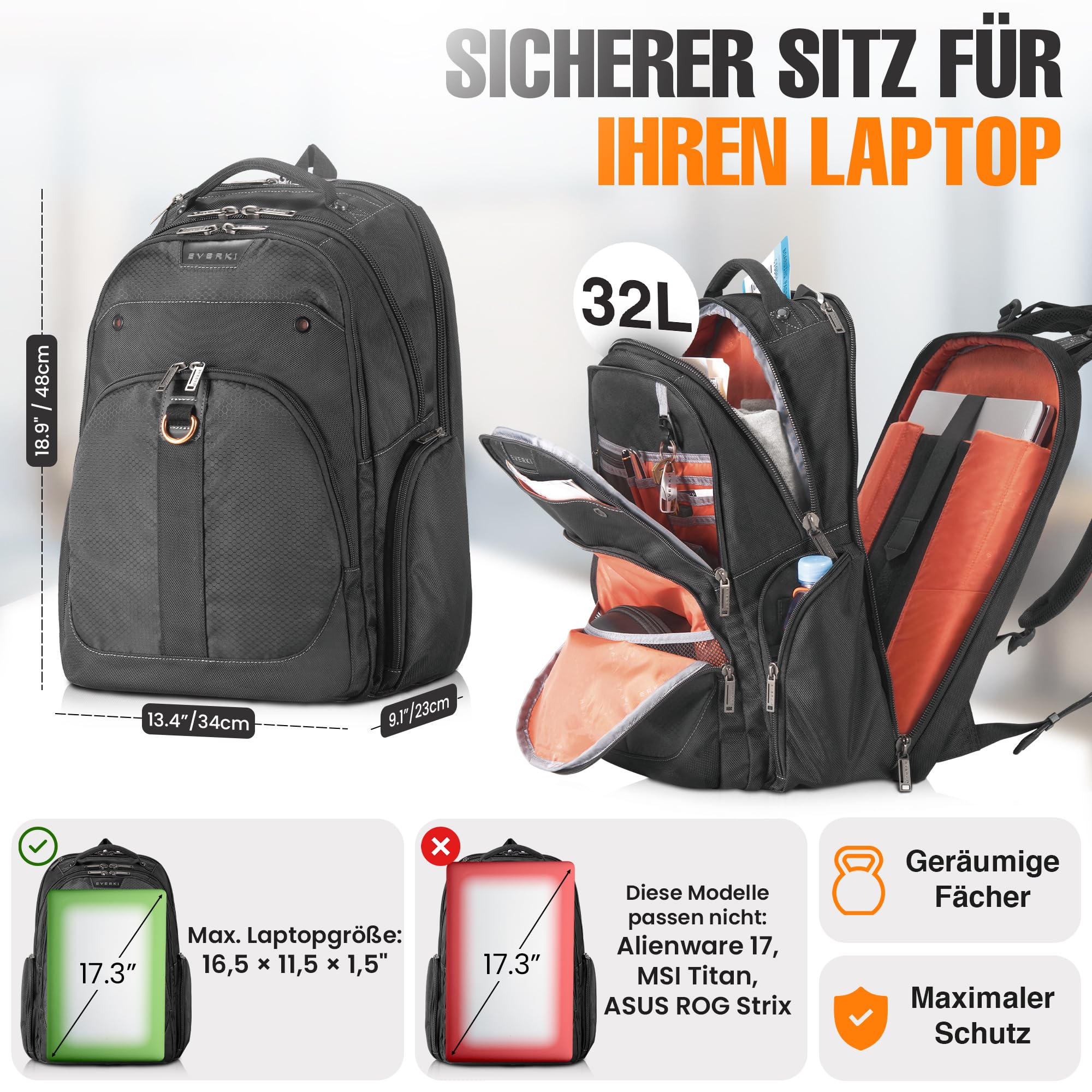 Everki Atlas Business-Laptoprucksack 32 L für 13–17,3 Zoll – ergonomischer, reisefreundlicher Notebook-Rucksack mit anpassbarem Laptopfach – schwarz
