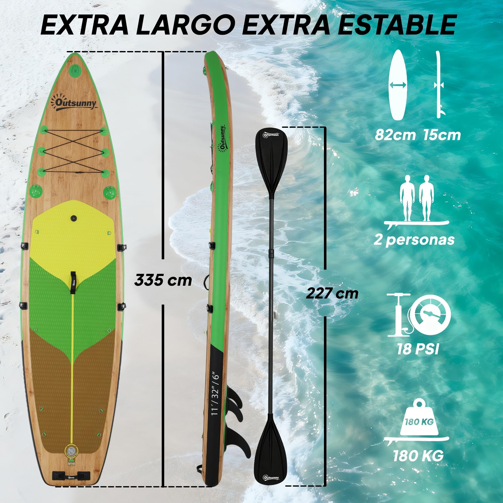 Outsunny Tabla Paddle Surf Hinchable con Accesorios, 335 cm, Remo Convertible, Asiento, Aletas, Stand Up Paddle Board con Superficie Antideslizante, Bomba, Mochila y Funda, Carga 180 kg, para Adultos