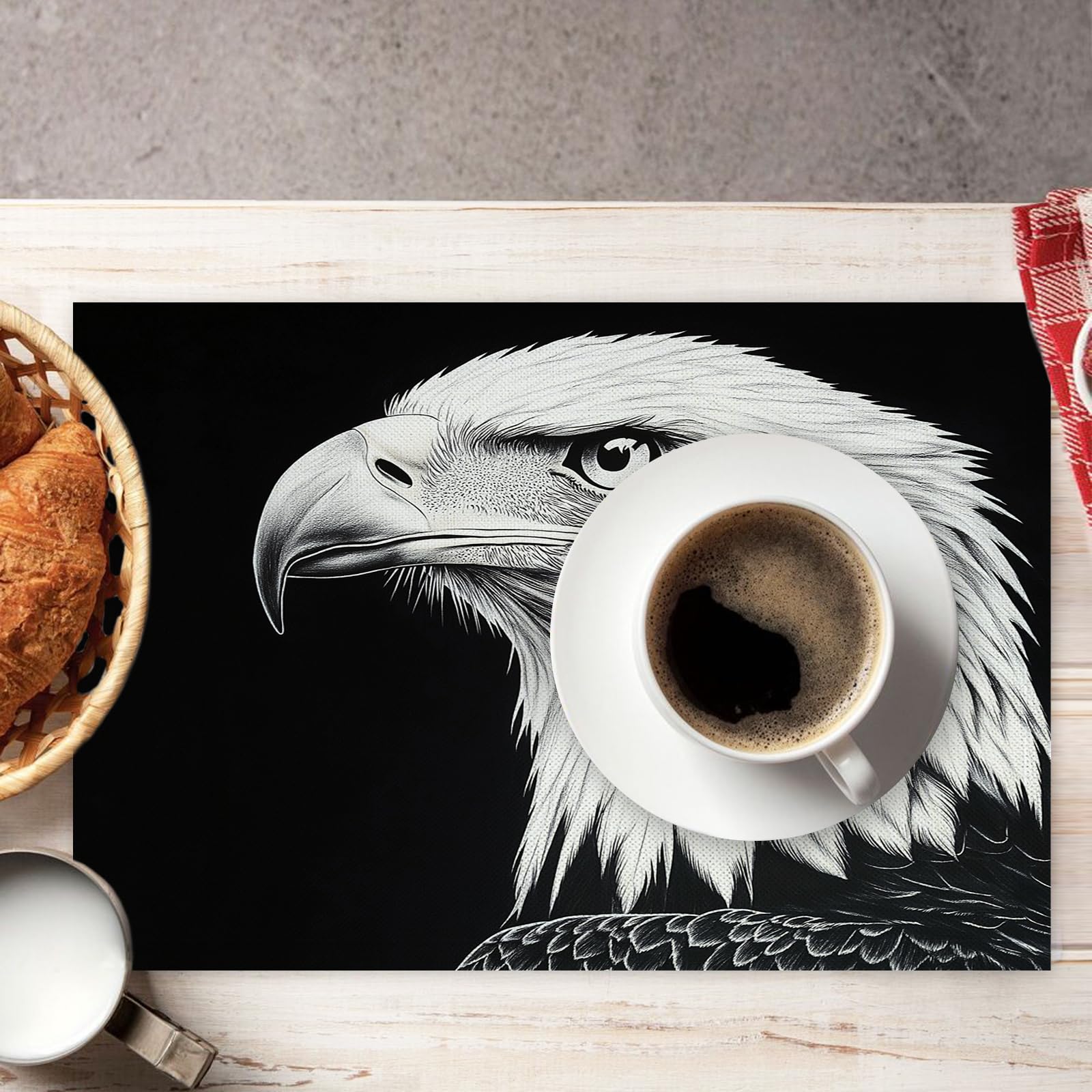 Tovaglietta Americana Animale in Cotone Lino Rettangolare - Tovagliette Set di 8 Testa d'aquila bianca e nera Resistente al Calore per La Cucina, Il L'Ufficio, 30 x 45cm