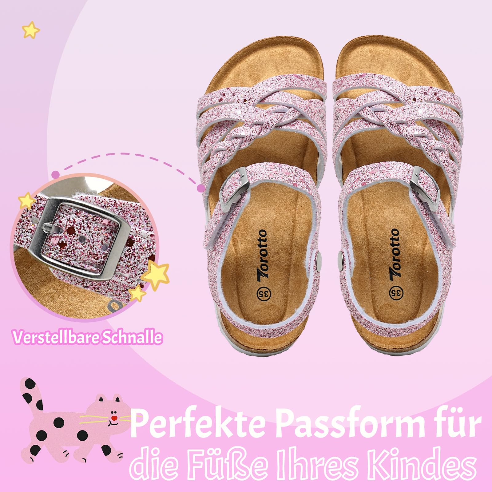 Torotto Sandalen Mädchen Mit Kork Sandals Kinder Pantoffeln Riemen Verstellbare Schnalle Rutschfeste Mit Klettverschluss Sandaletten für Drinnen und Draußen(Rosa Glitter, 33EU)