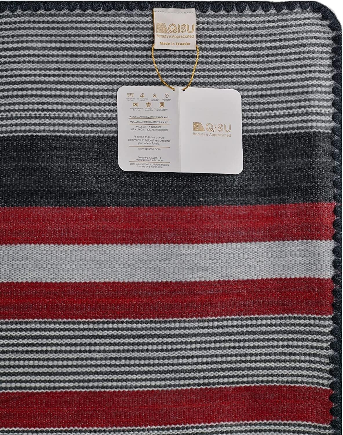 Qisu Alpaca Wool Blanket Throw | Queen, Beautiful, Warm, Stripes | 85 x 65 inches | Ultra-Soft, Hypoallergenic and Breathable | Non-Itchy or Scratchy Fabric (Red Grey Stripe) - Image 3