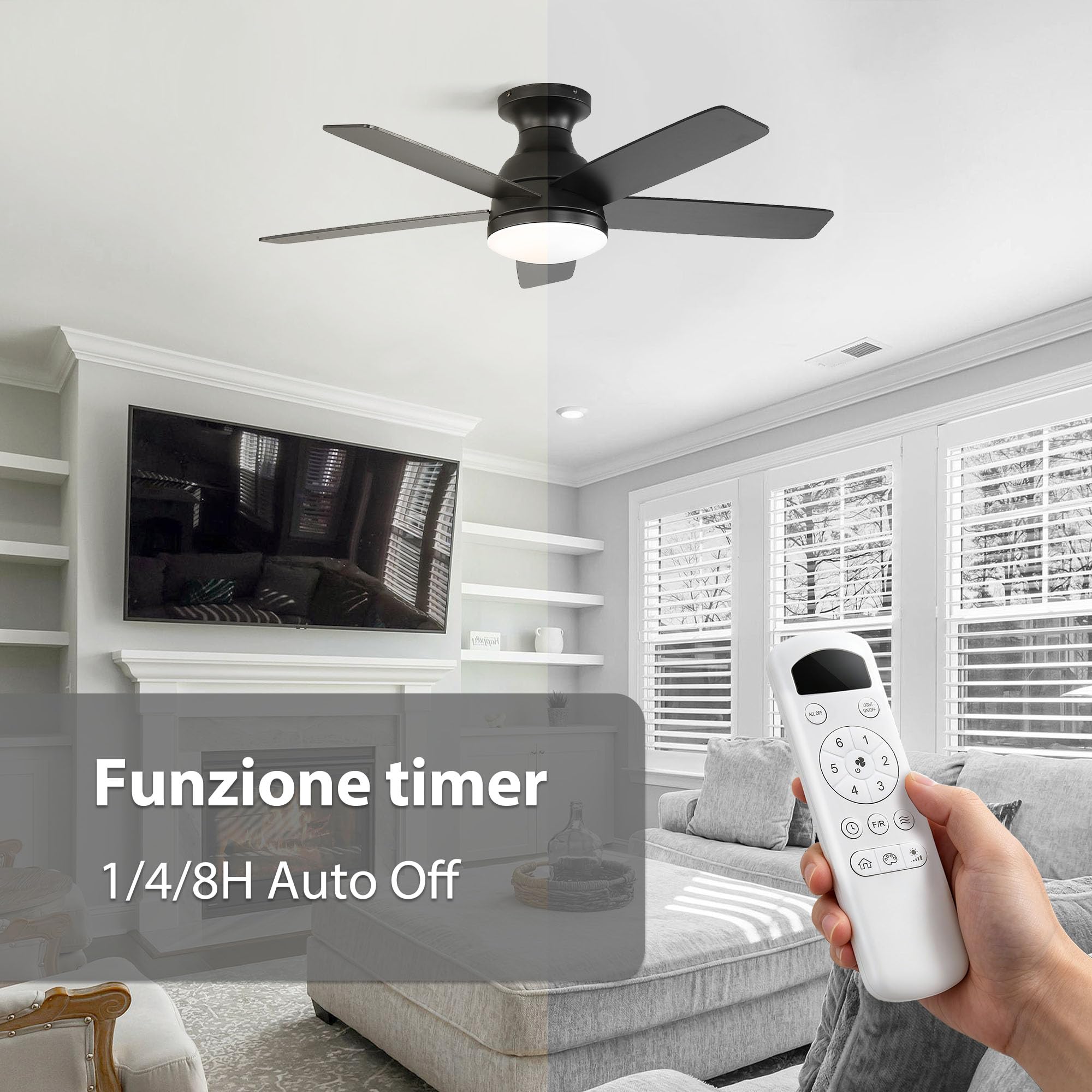 OZENAOS Ventilatore da Soffitto con Luce 112 cm, Motore DC Silenzioso con Telecomando, 6 Velocità, Timer, 3 Luci Dimmabili, Nero per Soggiorno Camera