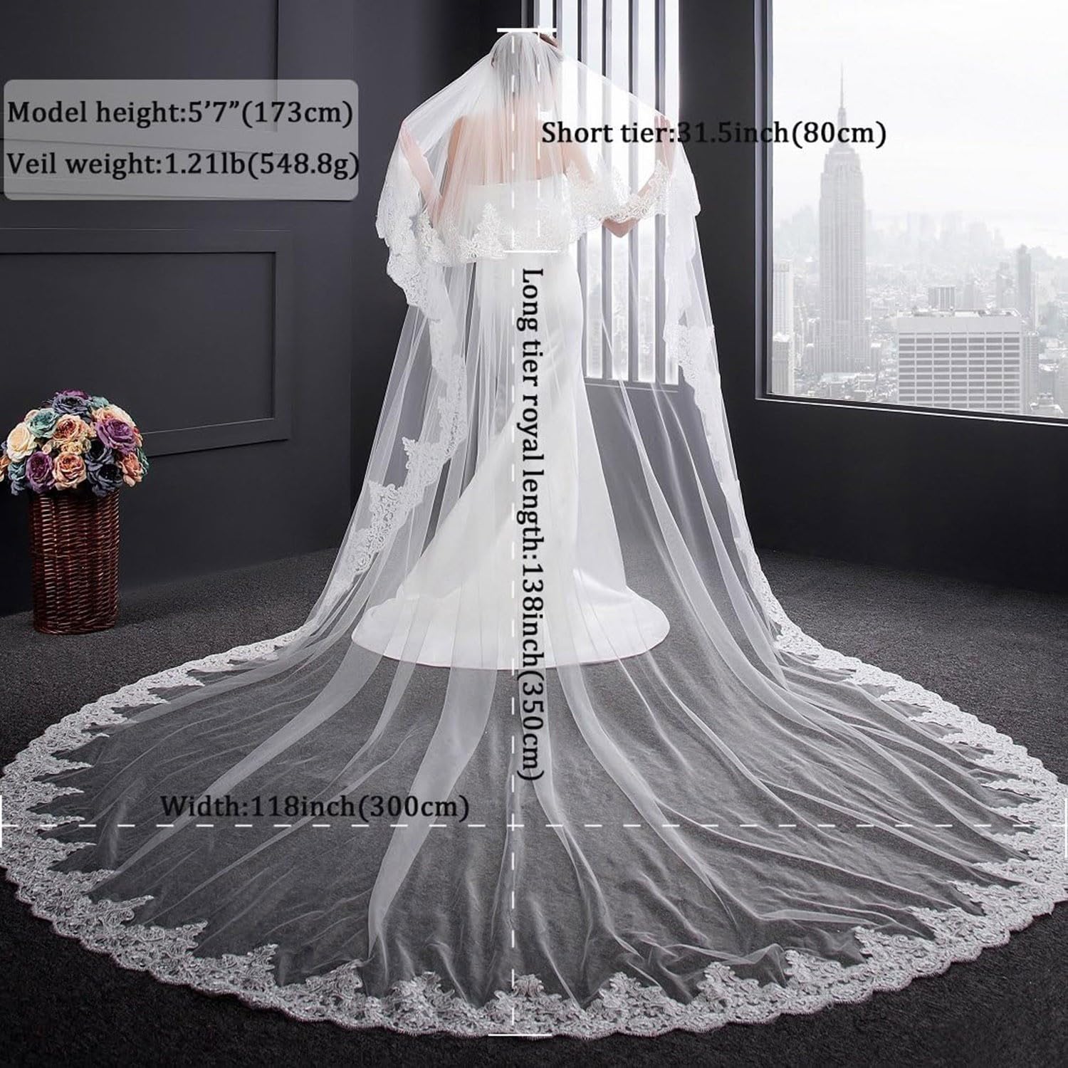 Nozze Veli da Sposa Mantella da Sposa Lunga in Pizzo 3Metri Velo da Sposa in Pizzo A 2 Strati, Romantico di Lusso Accessori da Sposa Veli da Sposa Cattedrale for Abiti da Sposa White