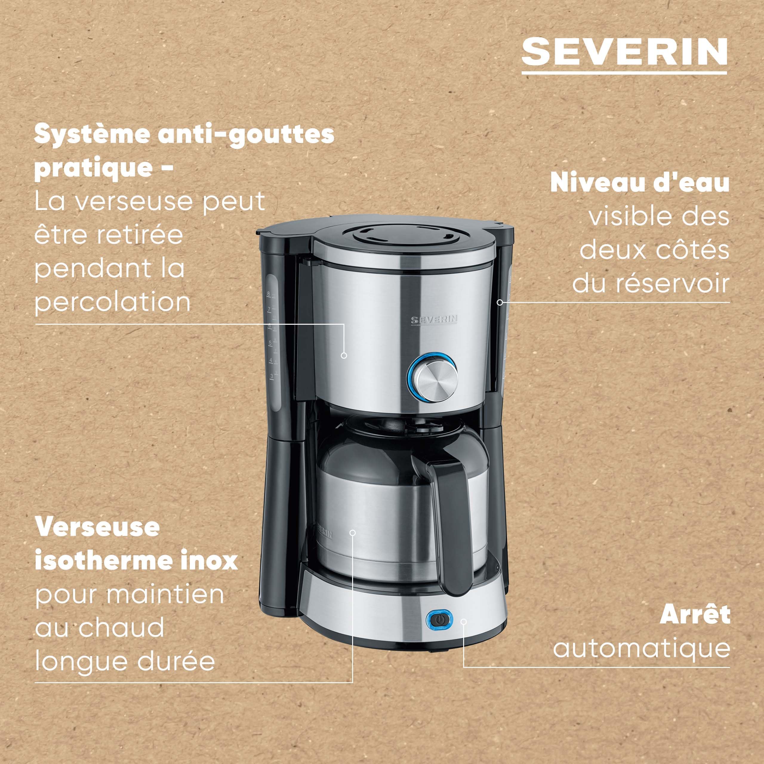 SEVERIN Cafetière Filtre "TypeSwitch", 1 000W, 1L, Juqu'à 8 tasses, Sélecteur d’arôme, Verseuse isotherme, Inox/Noir, KA 4845
