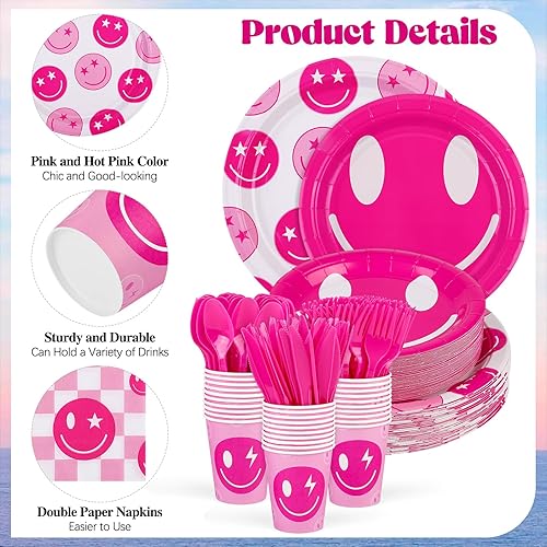 Miniatura 3 de durony 350 piezas de decoraciones de cumpleaños preparadas para 50 invitados disco vaquera suministros de fiesta rosa cara sonriente plato de papel