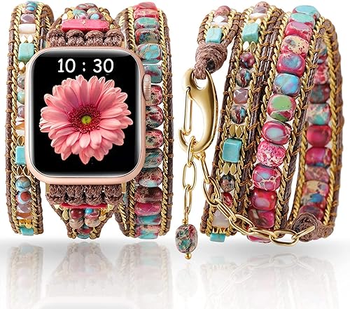 Handmade Boho Watch Band Compatible with Apple Watch 49MM 45MM 44MM 42MM 41MM 40MM 38MM Beaded Wrap Bracelet for iWatch Ultra, Series SE/9/8/7/6/5/4/3/2/1, Fancy Strap for Women