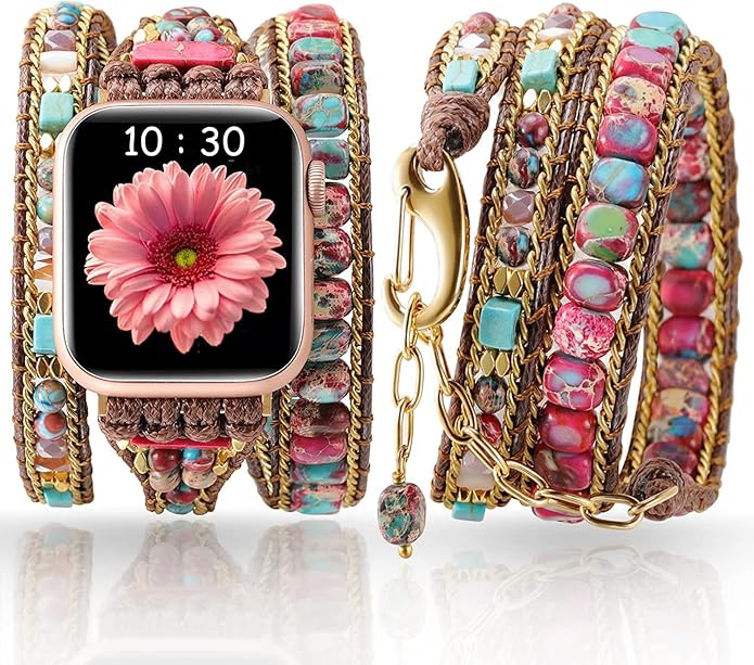Handmade Boho Watch Band Compatible with Apple Watch 49MM 45MM 44MM 42MM 41MM 40MM 38MM Beaded Wrap Bracelet for iWatch Ultra, Series SE/9/8/7/6/5/4/3/2/1, Fancy Strap for Women