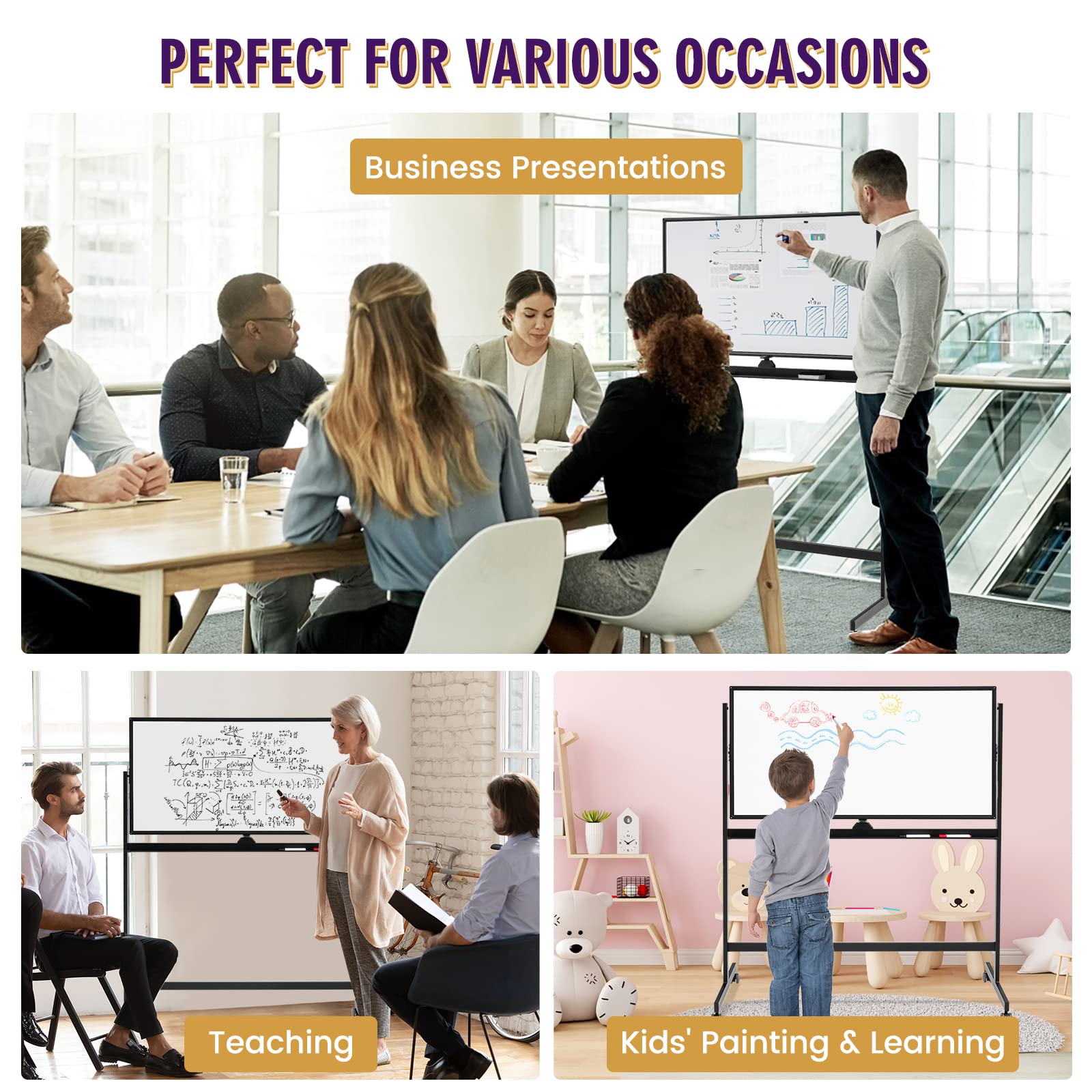 GIANTEX 120 x 60 cm dwustronna tablica magnetyczna z kołami, regulowana wysokość w 360° z 6 markerami, 12 magnesami i 1 gumką, odwracalna tablica do biura, domu, szkoły (czarna)