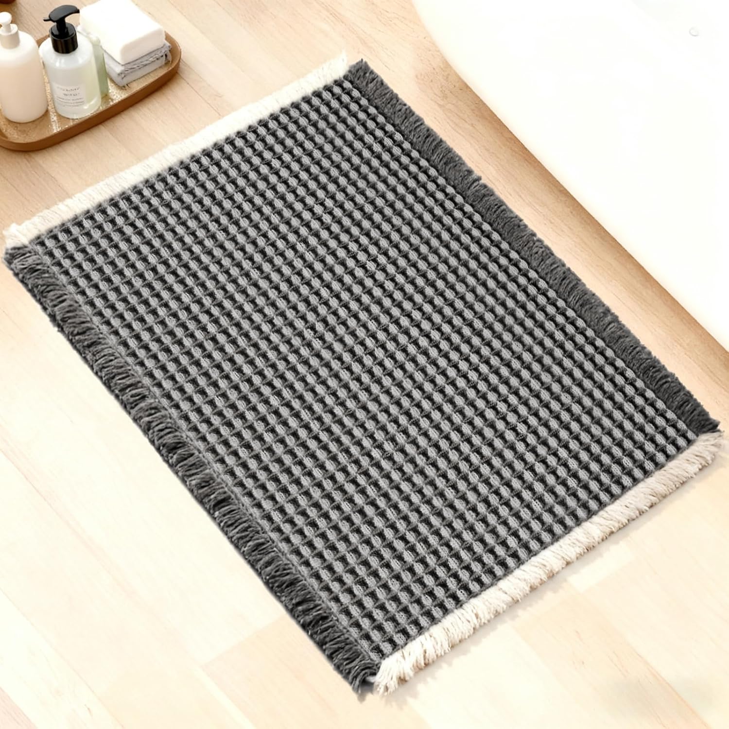ArtyCozy Waffle Bath Mat, Super Absorbent Soft Non-Slip Boho Bath Rugs with Flat-Woven Hot Glue Backing for Bathroom, Machine Washable Bath Mats, 17" × 24", Grey & White