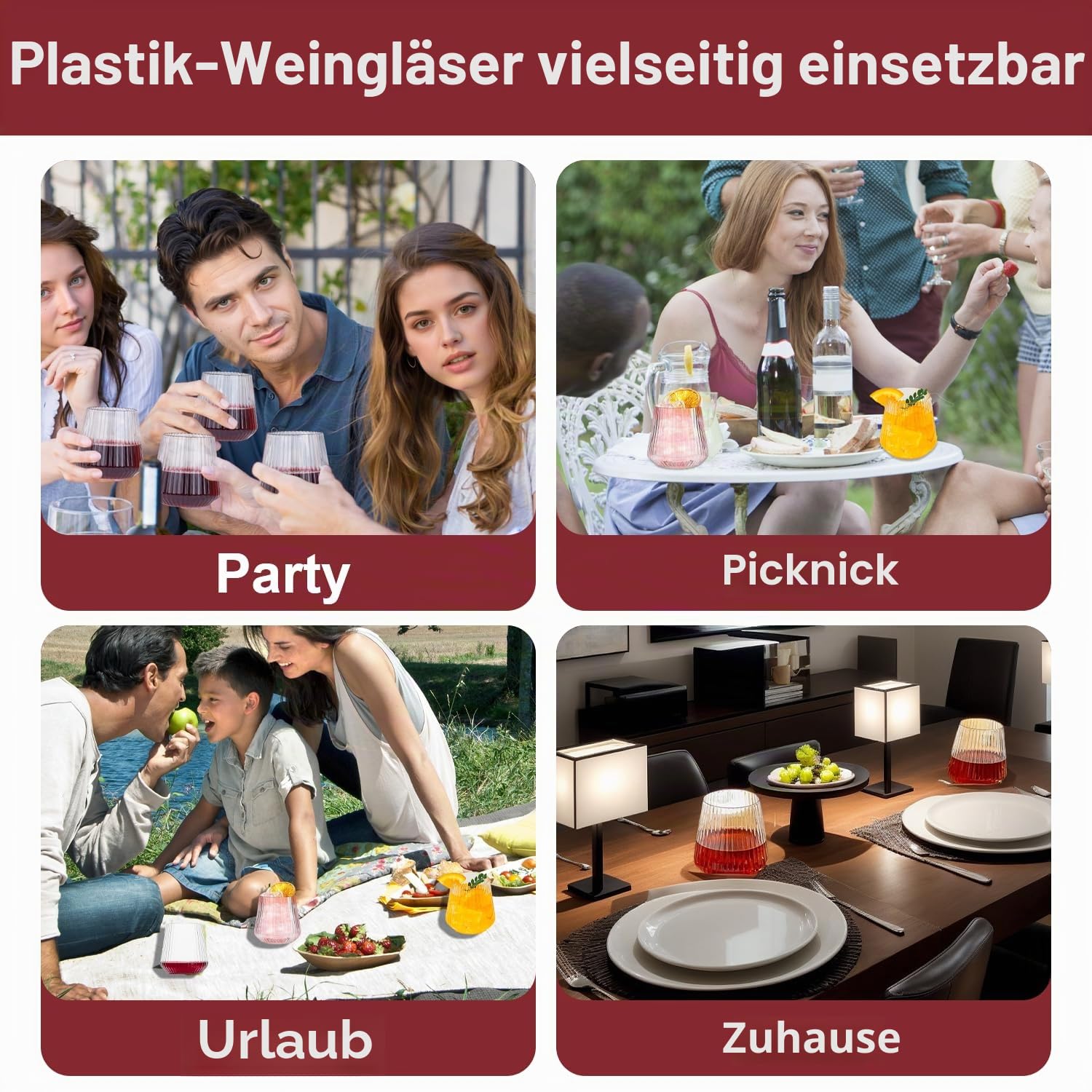 8er-Set 400 ml Weingläser Kunststoff, Plastik Weingläser Mehrweg, Tragbare Camping Gläser Unzerbrechlich, Transparenter Kunststoffgläser mit Geriffelt für Familie, Camping, Party (8er Set)
