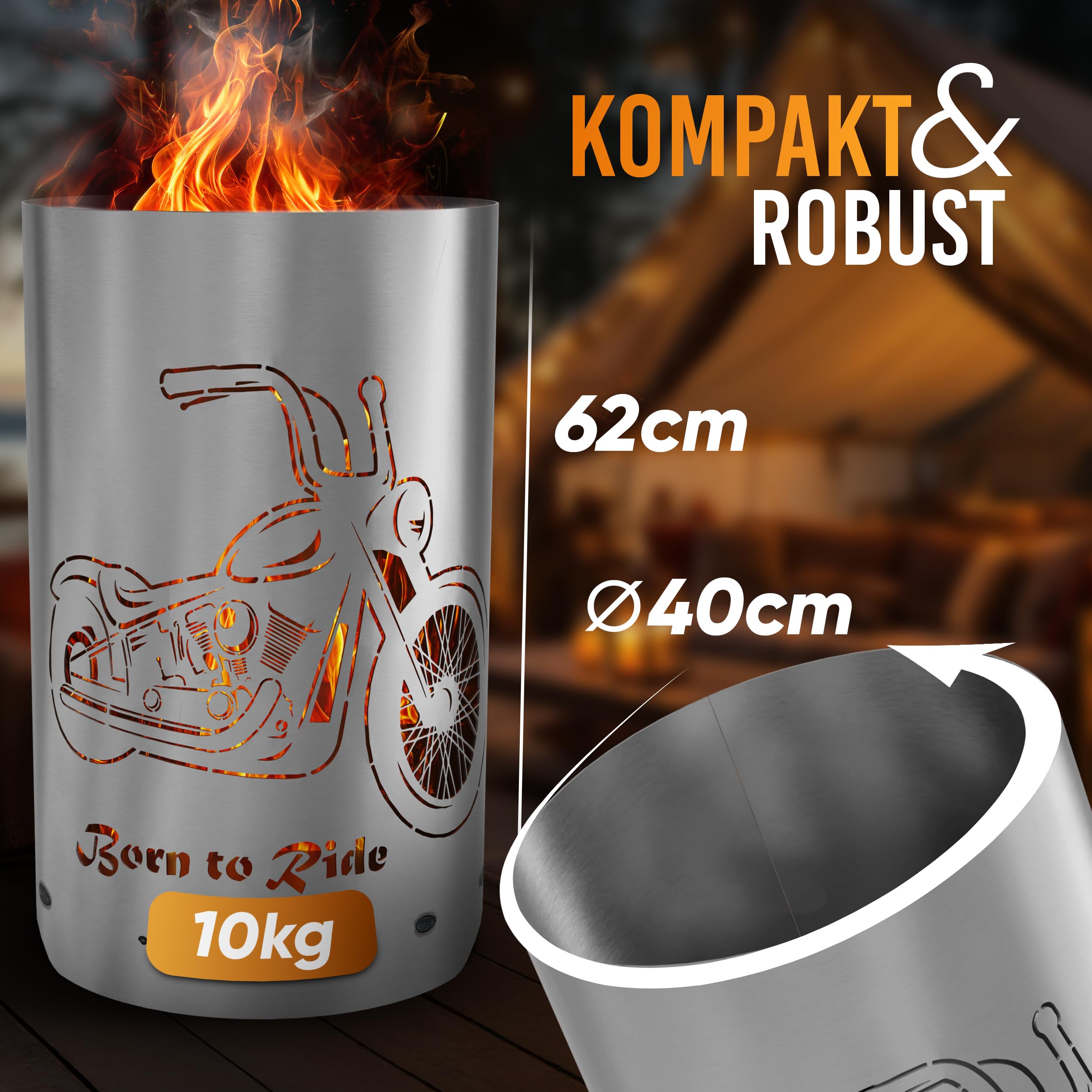TiKo-Design® Feuertonne Feuerkorb mit Born to Ride Chopper Motiv