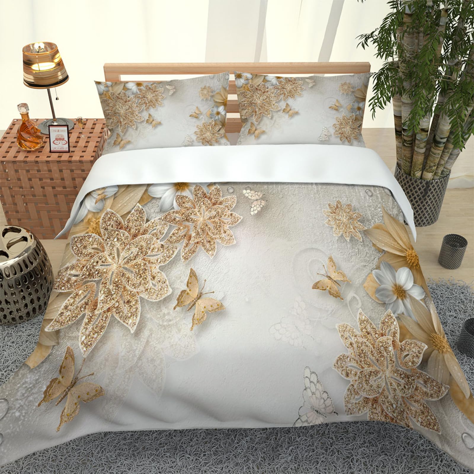 Funda Nordica Cama 150, Juego De Ropa De Cama De Invierno 260X240Cm Mariposa Flor Dorada Patrón, 3 Piezas Funda De Nórdica De Microfibra Y 2 Fundas De Almohada, con Cremallera