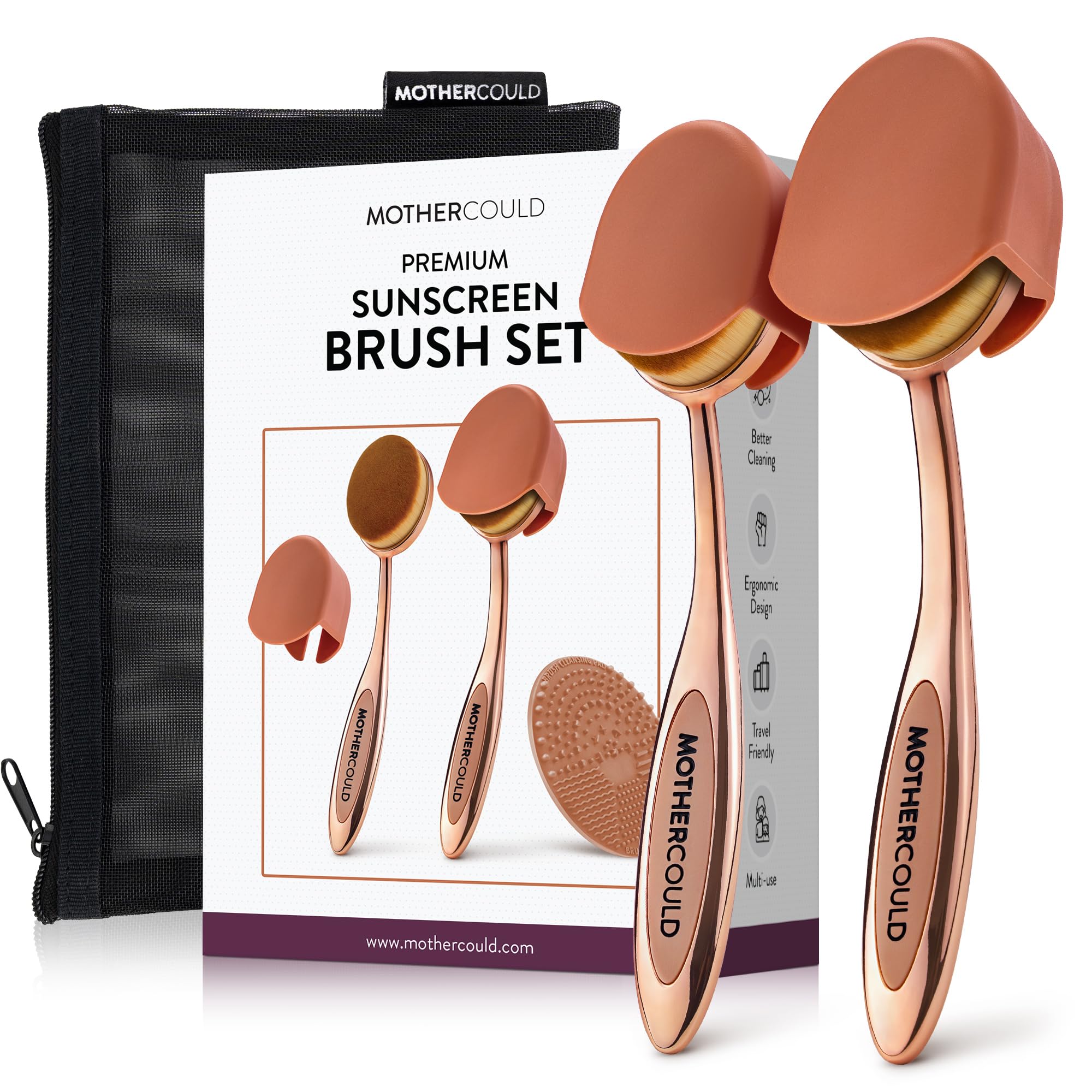 Mothercould Premium Sunscreen Brush Set – Kids & Baby Sunblock Applicator with Metal Handles, Travel Bag, 2 Brushes, 2 Caps, & Cleaning Mat – Rose
