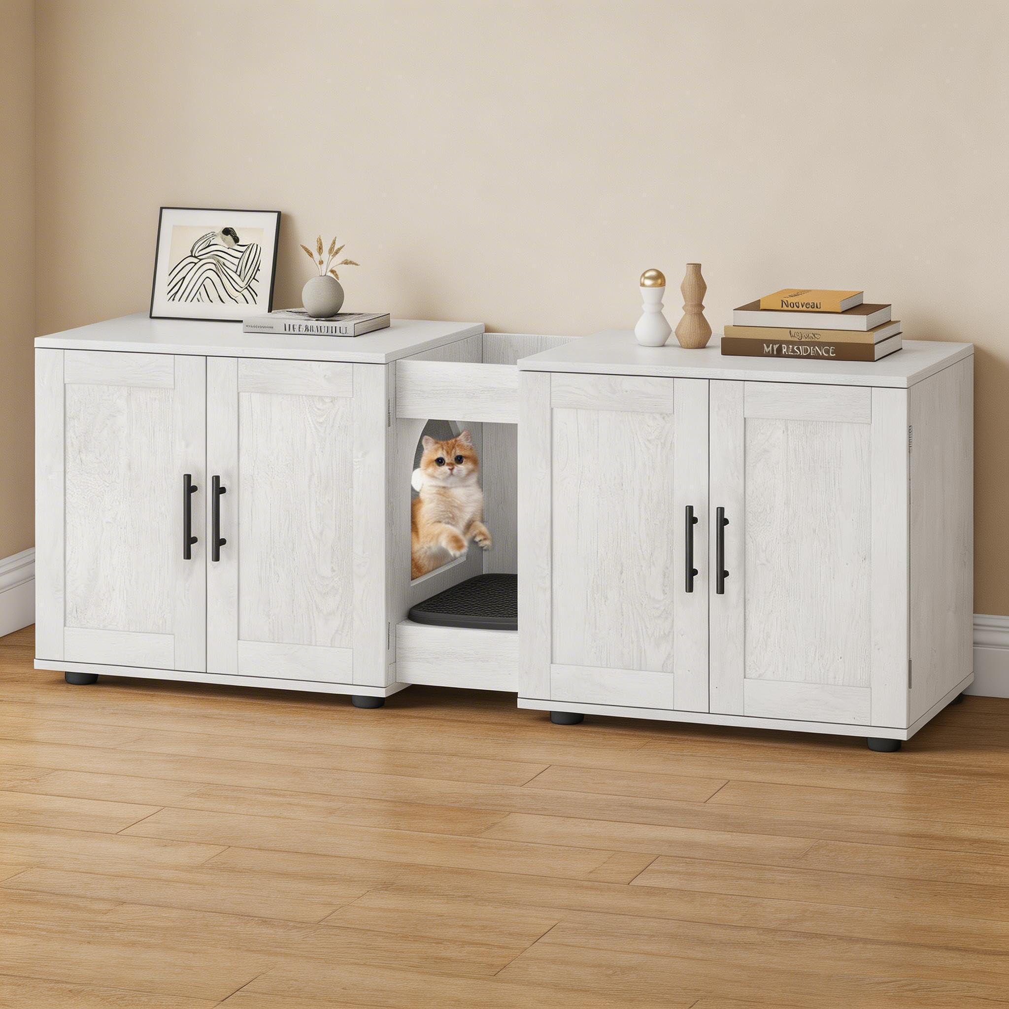 Cat Litter Box Enclosure for 2 Cats, 3 in 1 Hidden Litter Box Furniture Cabinet, Cat Litter Tray with Scratching Pad, TV Stand Cabinet Wooden Cat House for Living Room, 140x45x57cm-whiteA