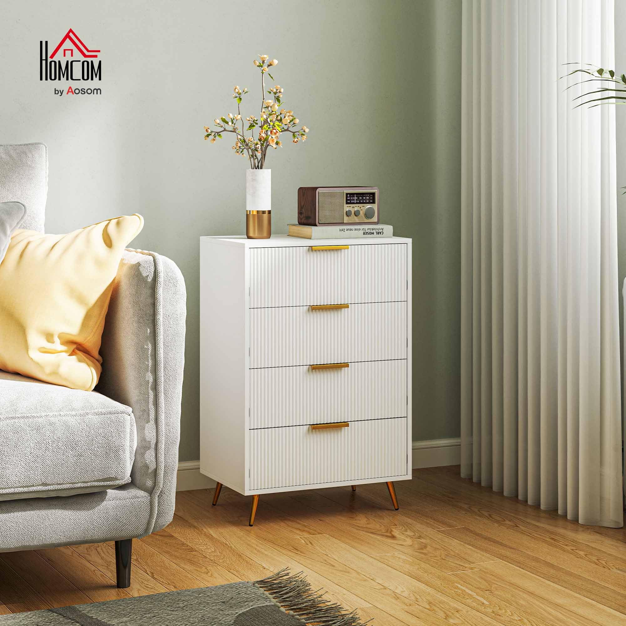 HOMCOM Cómoda con 4 Cajones Frentes con Diseño Ondulado 60x40x90 cm Blanco | Cómoda de Dormitorio Moderno, Anti-vuelco, Cajonera para Salón Pasillo
