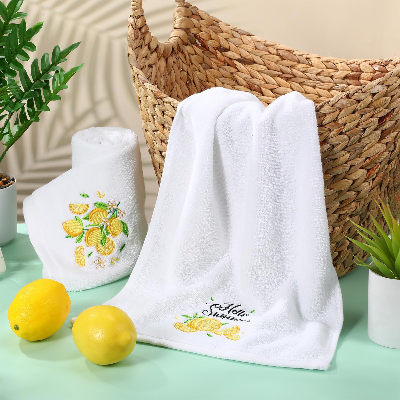 Remagr Paquete de 2 toallas de mano de algodón bordadas de limón de 13.7 x 29.5 pulgadas, toalla de mano de verano con cinta decorativa de verano con temática de frutas, juego de paños de cocina para
