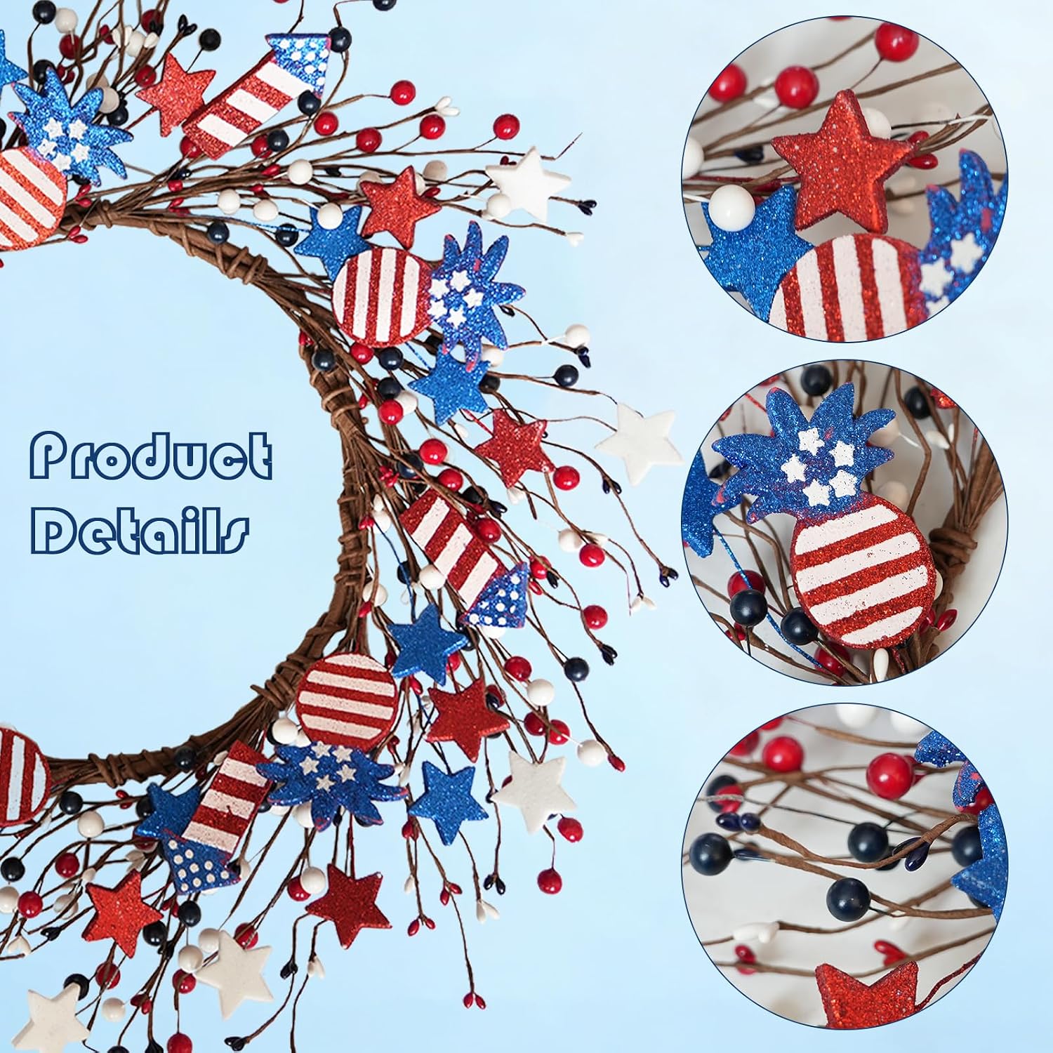 22 Inch Patriotic Glitter Star Pineapple Rocket Wreath for Front Door, Forth of July Red White Blue Wreath with Bow for Indoor Outdoor, Memorial Day Independence Day Home Decor Wreaths