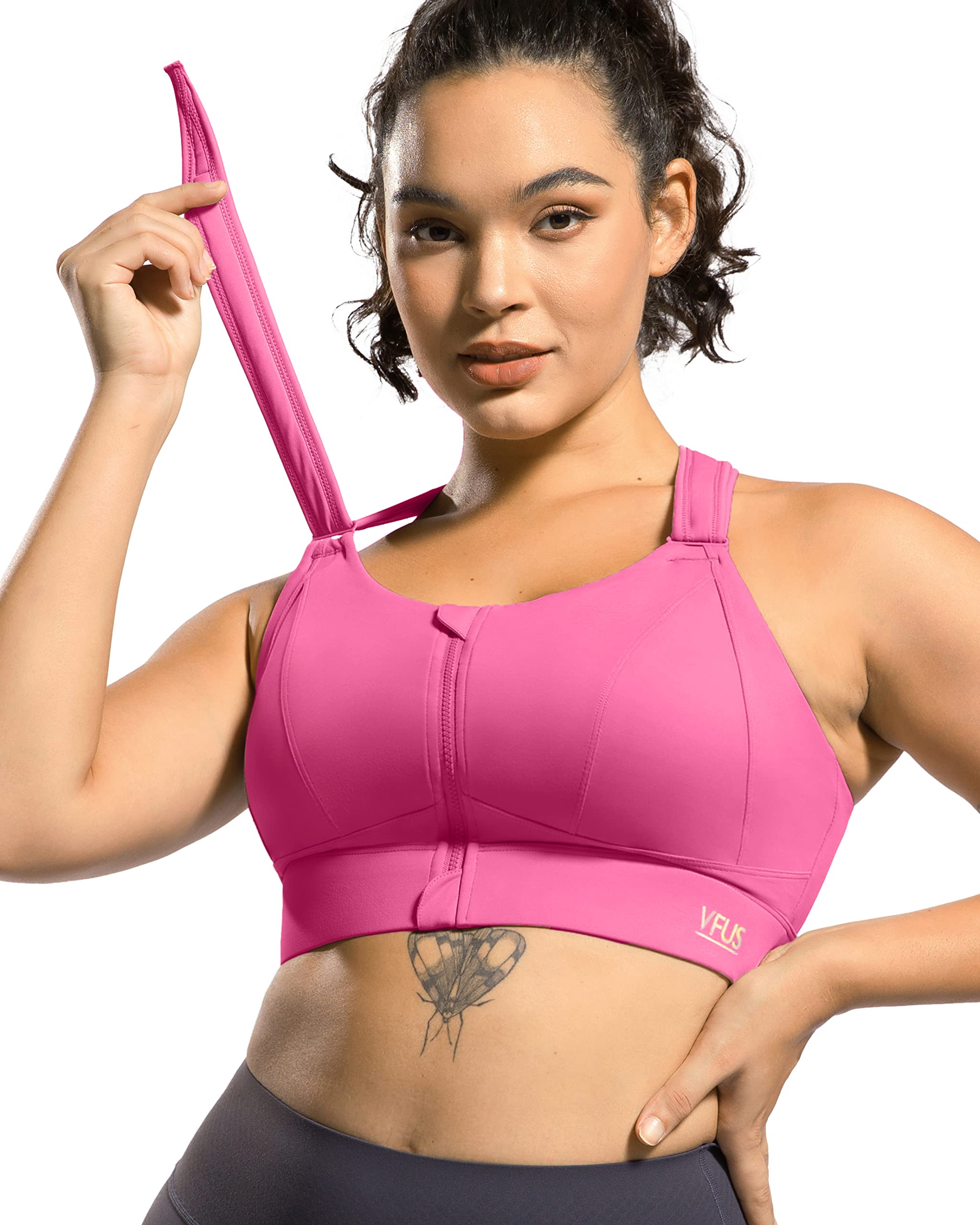 Zip Front Adjustable High Impact Sports Bras for Women Large Breasts Full Coverage Workout Running Removable Pads