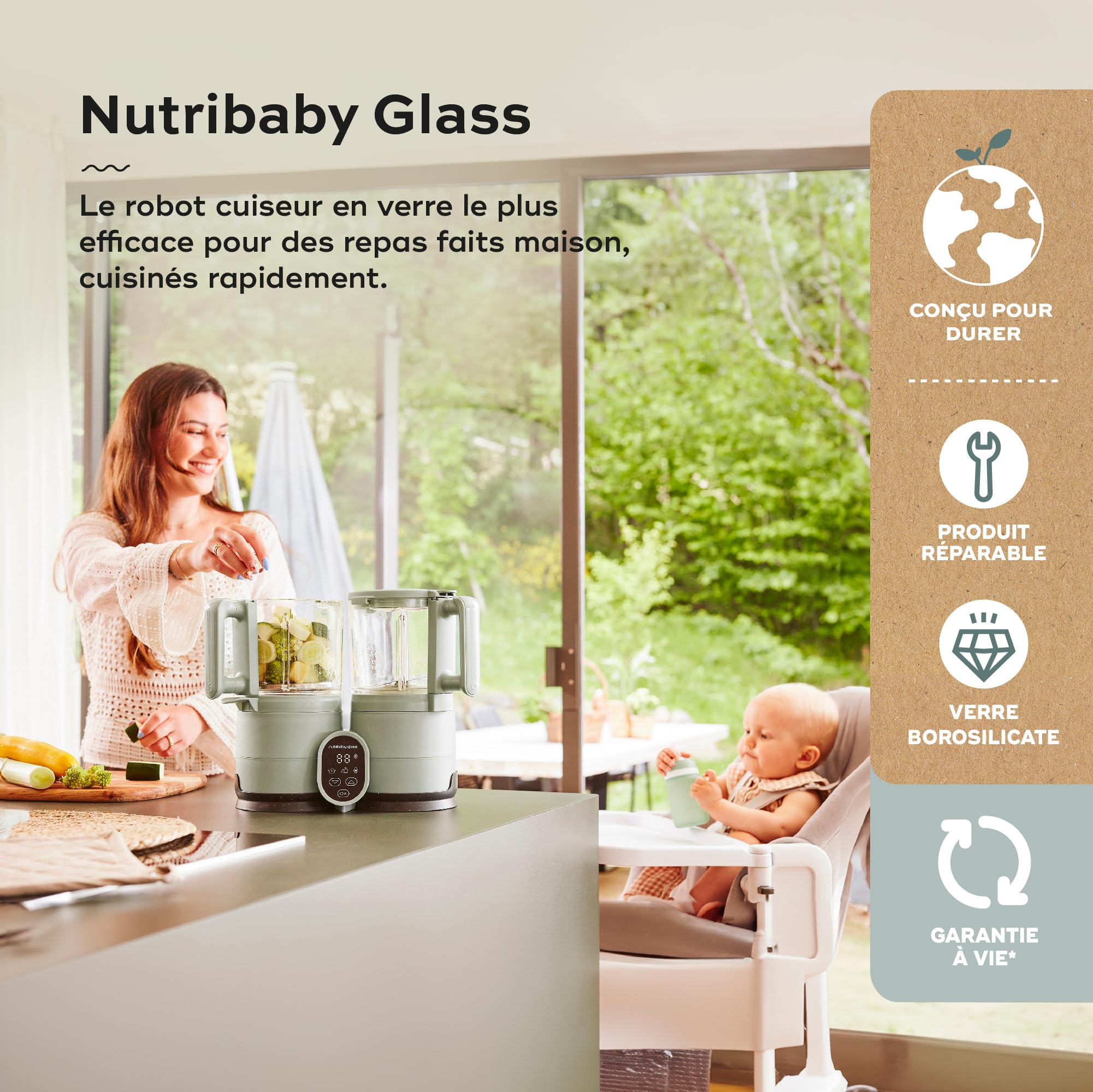 Babymoov Robot Cuiseur Bébé Nutribaby Glass - Bols en Verre - 4 en 1 Mixeur Cuiseur Vapeur, Grande Contenance 1,9L, Cuisson Saine des Aliments, Vert Celadon