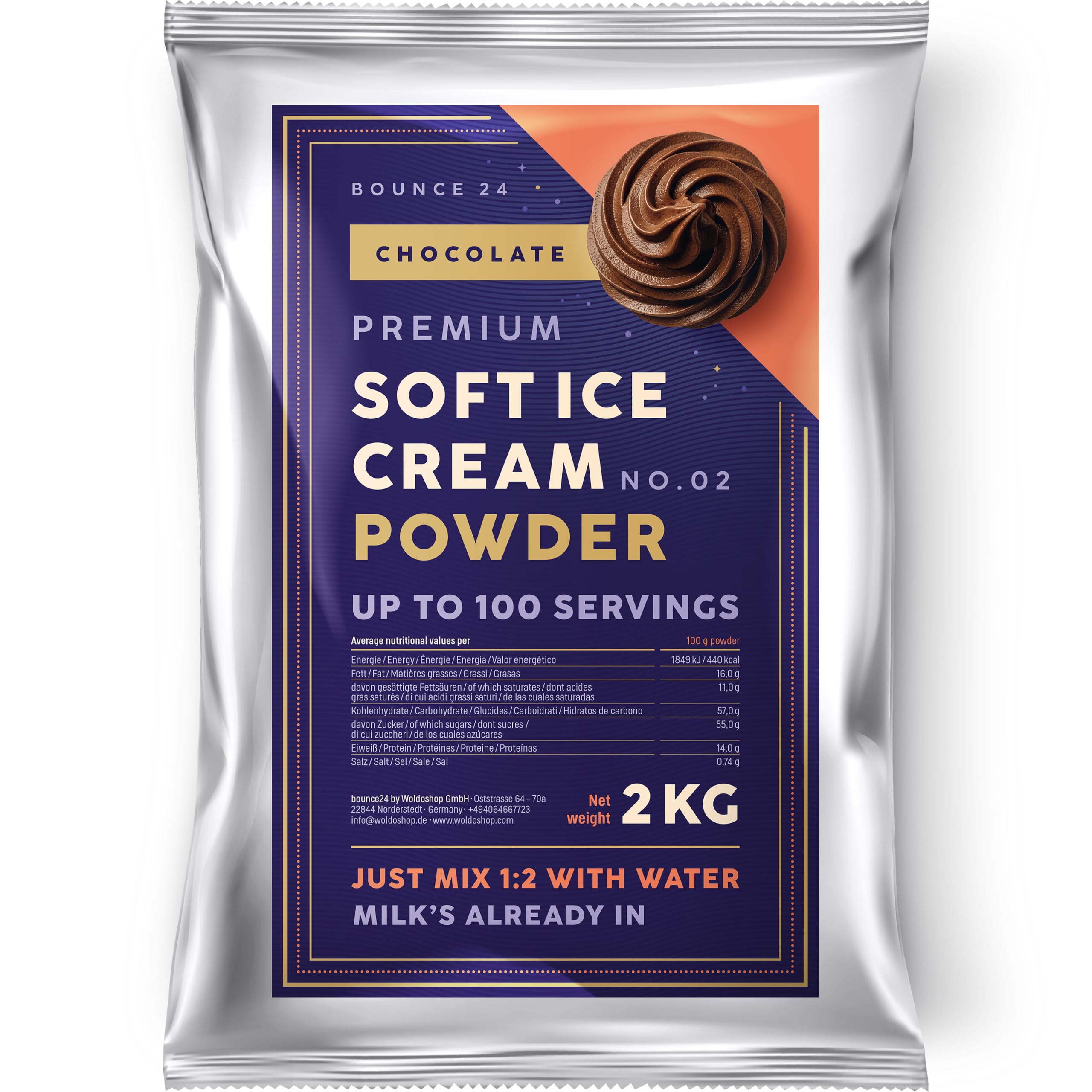 Bounce24 Préparation Glace Italienne Chocolat 2 kg en Poudre 100 Boules | Avec 20% de cacao et lait entier en poudre, juste de l'eau, crémeux comme chez le glacier, jusqu'à 100 portions