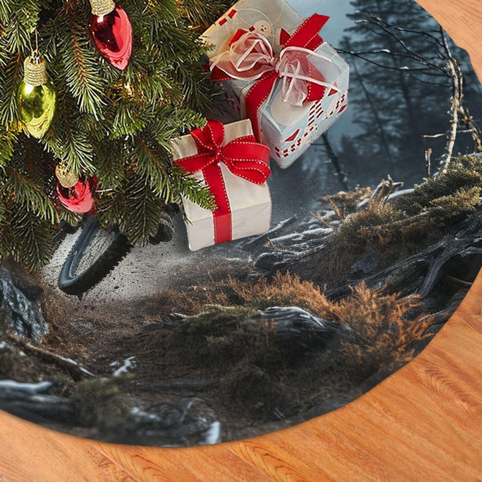 Fodpand Black Mountain Bike Tournament Christmas Tree Skirt 36" Velvet Xmas Tree Skirt Mat Rustic Christmas Tree Mat Cover Winter Xmas Tree Collar For Indoor Outdoor Christmas Decorations