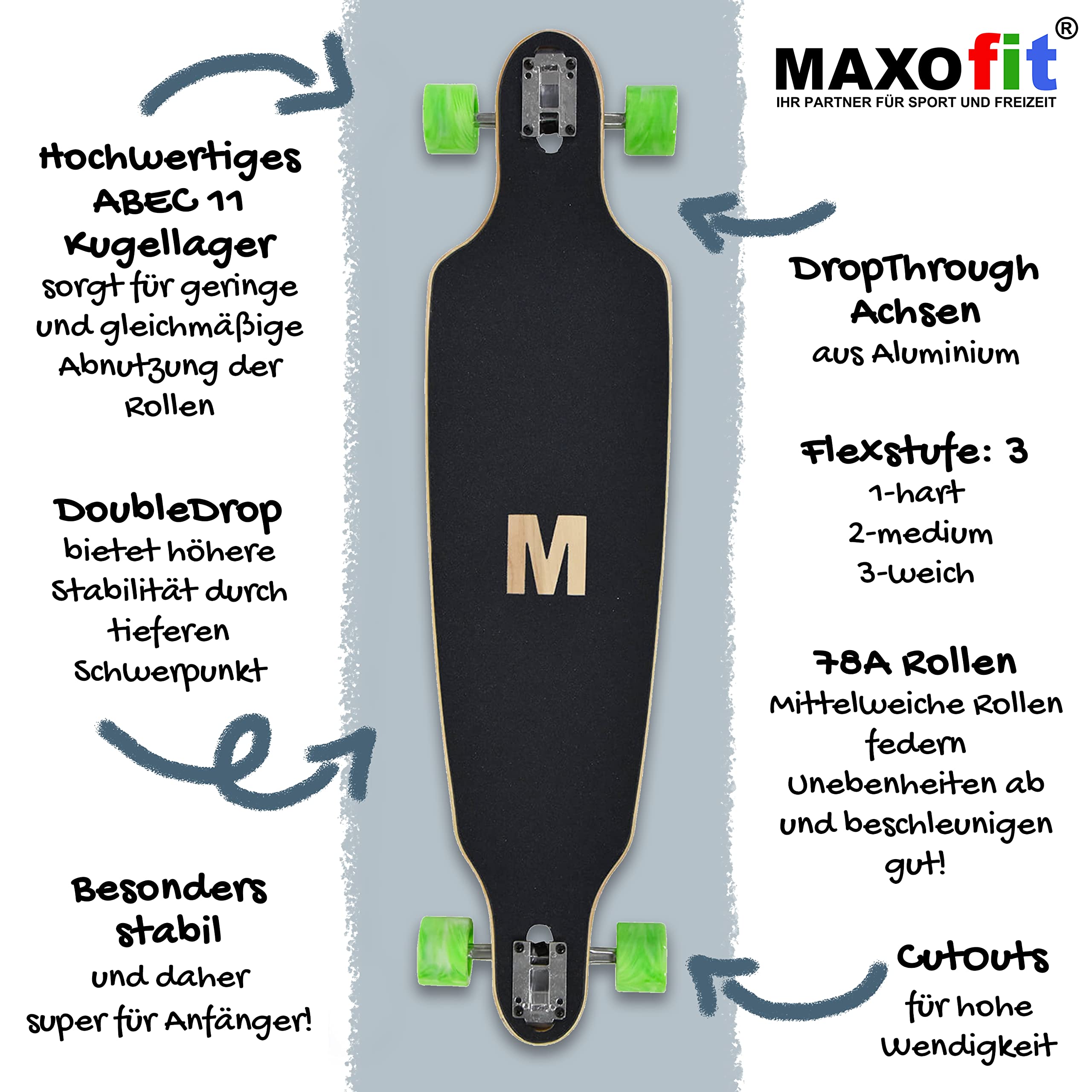 Maxofit Longboard dans différents Designs avec Planches en érable/Bambou de qualité supérieure pour débutants et confirmés - 5