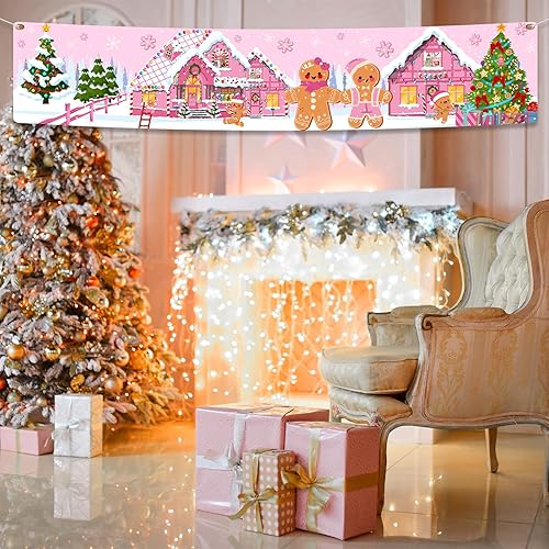 Miniatura 6 de Decoración de fondo de Navidad de pan de jengibre, suministros de Navidad rosados, fondo de casa de jengibre, decoración de decoración para Navidad,