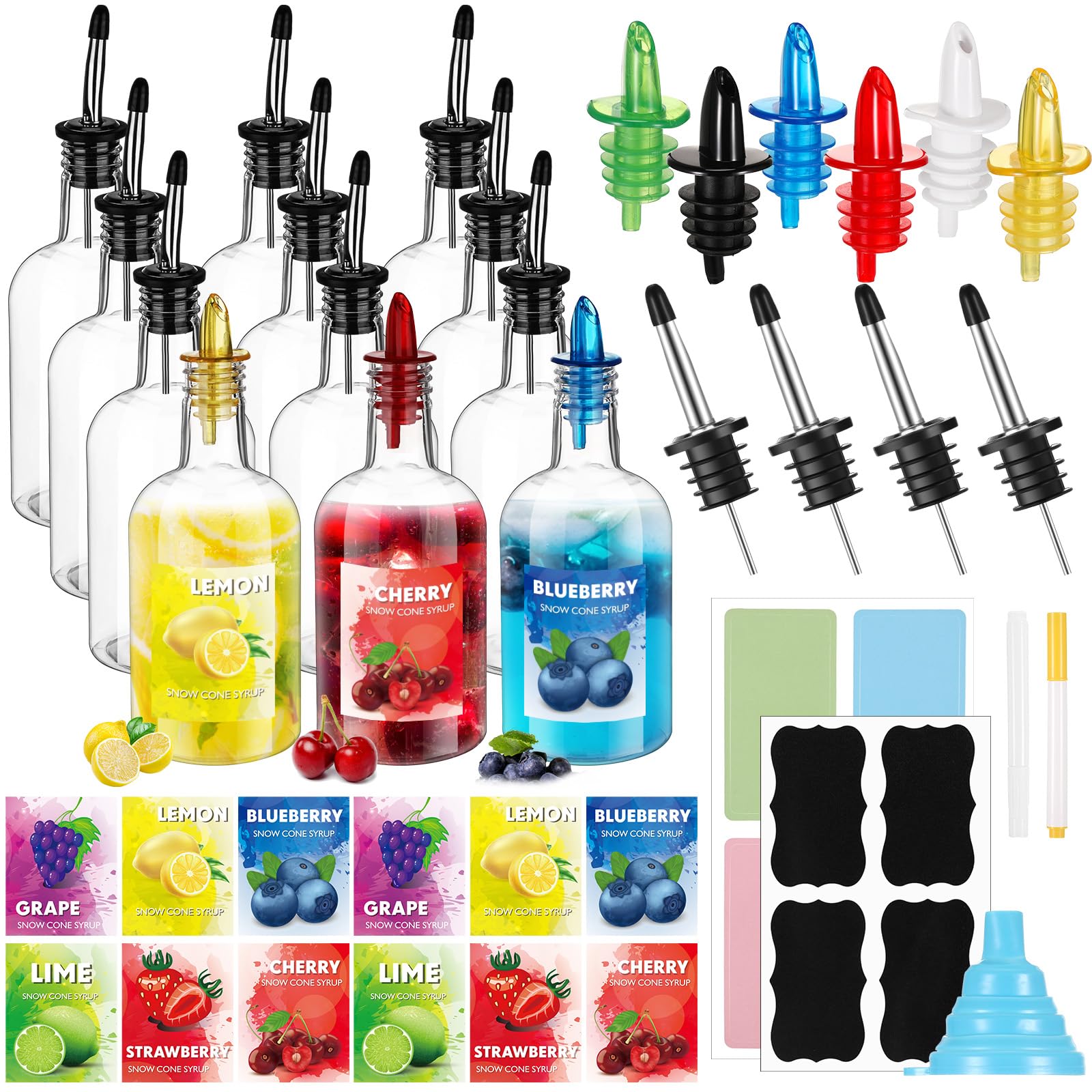 Maxcheck 12 Pcs Plastic Snowcone Syrup Bottles Snow Cone Supplies Empty Plastic Syrup Dispenser with Rainbow Pourer Plastic Long Neck Bottles for