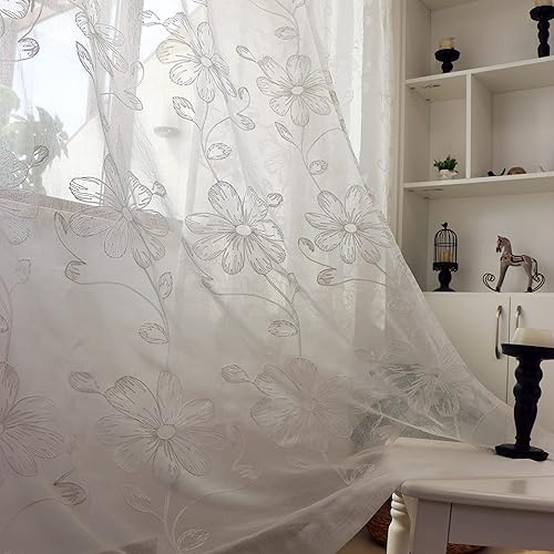 Miniatura 1 de SLOW SOUL Juego de 2 paneles de cortinas traslúcidas de lino sintético semitransparente con flores blancas para ventana, cortinas bordadas para