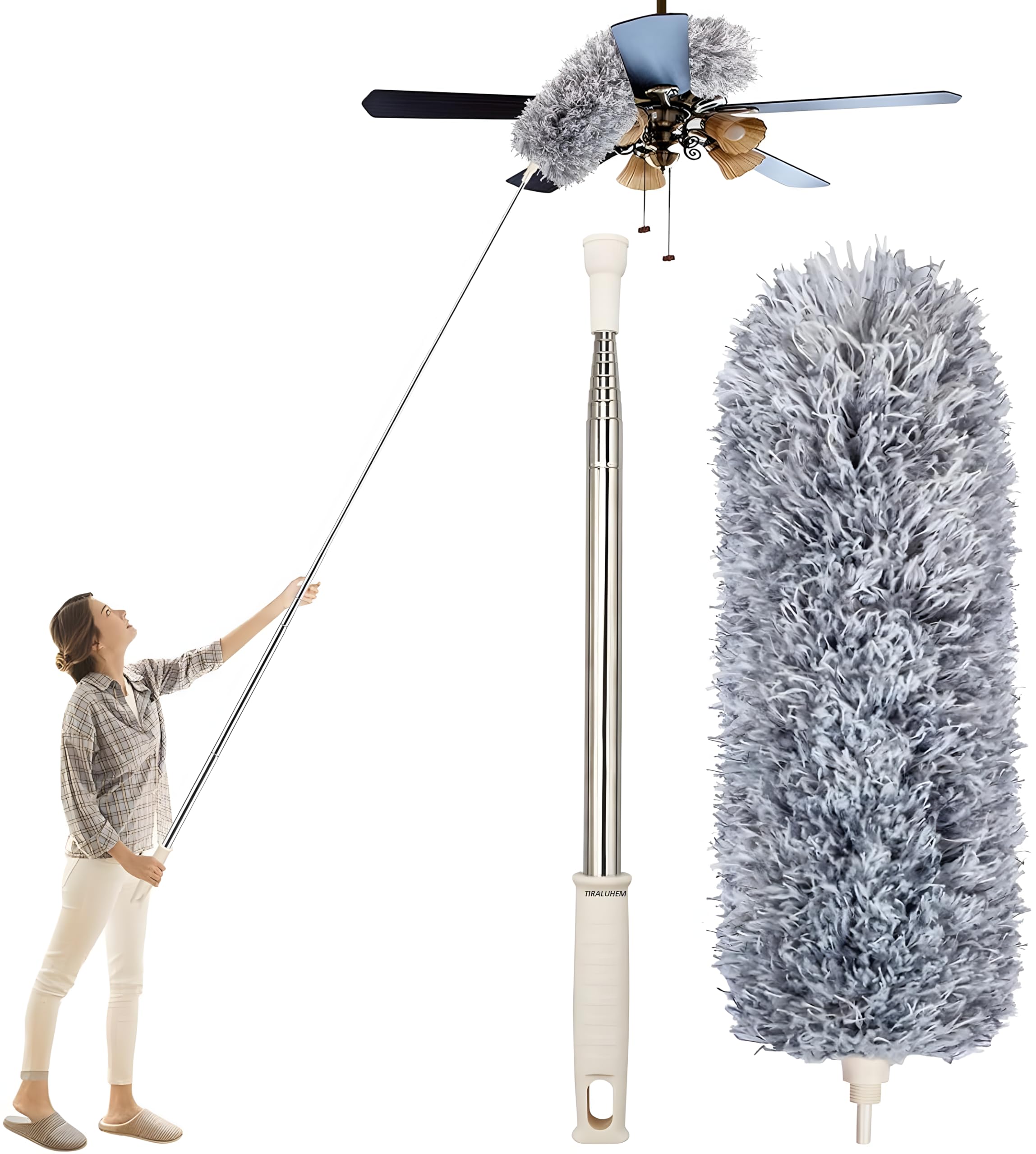 Bright Buy Extendable Microfiber Quill Fan Cleaner Brush with Long Rod Duster with 100" Pole Handle Cleaning Supplies for High Ceiling Fans & Furniture, Duster for Home Cleaning