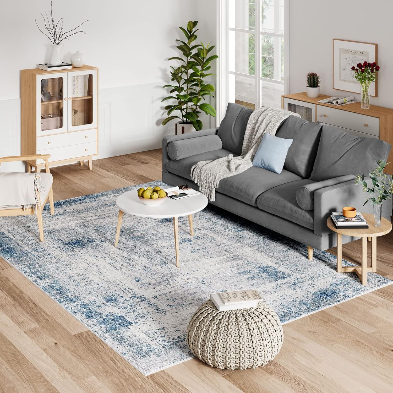 Dripex Abstract Indoor Area Rug, Washable 5x7 Blue Rug - Resist Stain & Non-Shedding, Non-Slip Bedroom Contemporary Area Rugs Fluffy Carpet for Living/Kids Room Kitchen, Mist Blue Floor Mats for Home