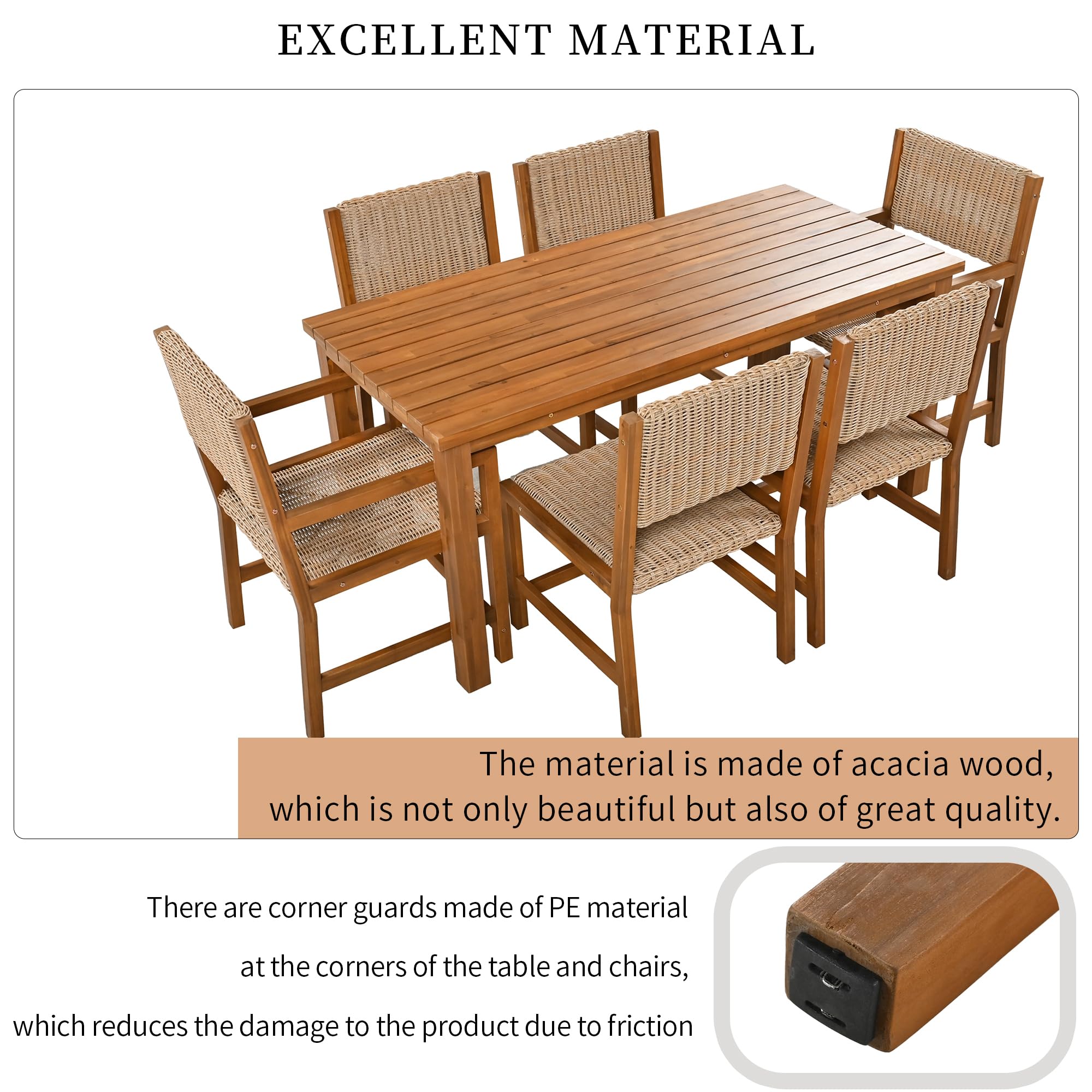 I0I&I0I Lujoso juego de muebles de jardín de 7 piezas para 6 personas, ratán HDPE y madera de acacia, resistente a la intemperie, fácil de montar, color marrón