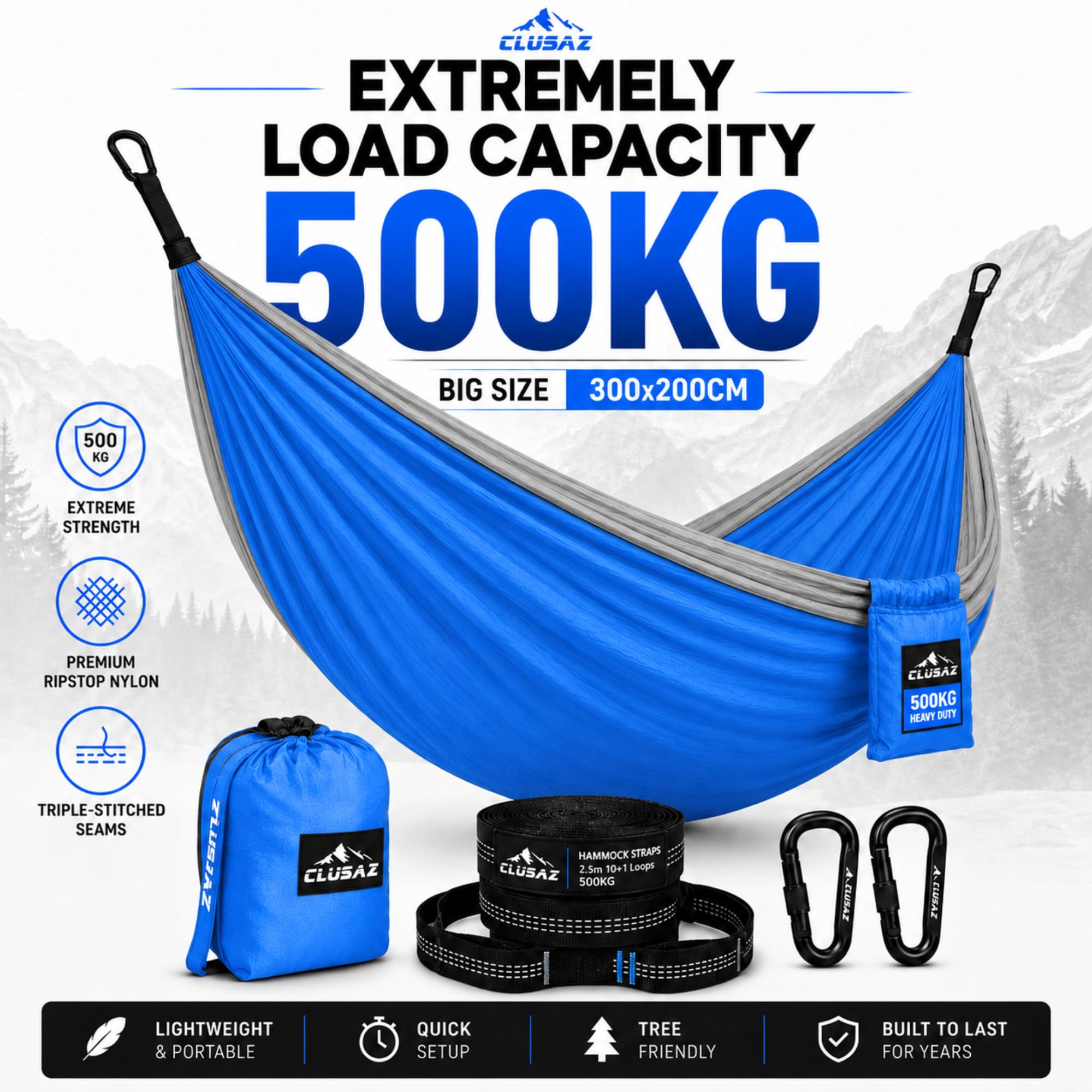 Hamac Double Extérieur 2 Personnes 300x200cm – 500kg Ultra-Résistant – Nylon Ripstop Diamond – sans Nœuds 60 Sec – Mousquetons Lisses – Sac Compressible – Garantie 10 Ans