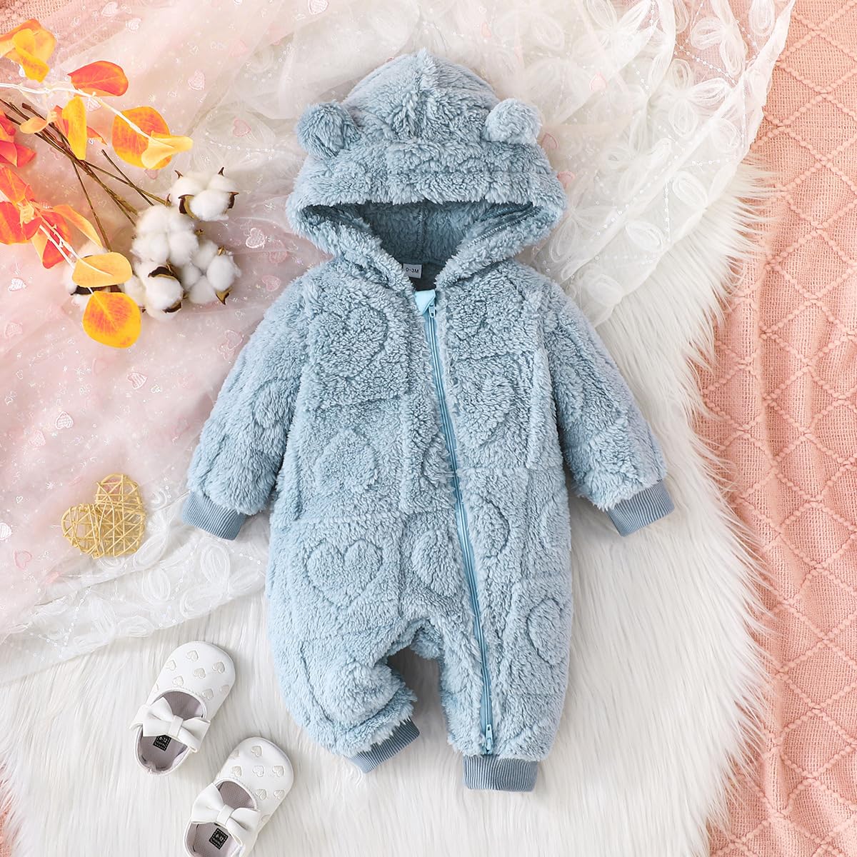 Adokioths Newborn Baby Boy Girl Winter Snowsuit Bear Hooded Fleece Jumpsuit Romper infant Warm Clothes (Blue,12-18 Months)
