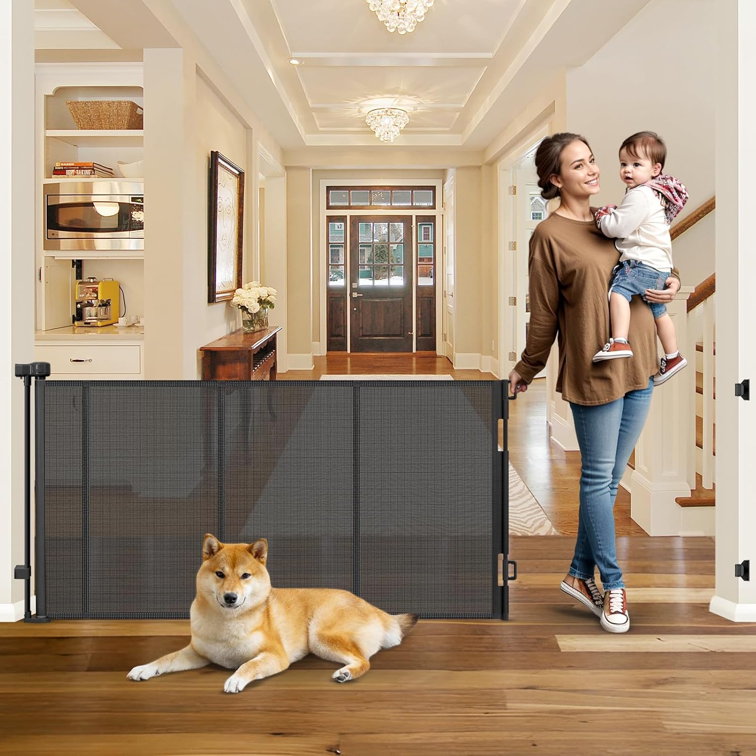 Reinforced 100 Inch Extra Wide Retractable Dog Gate for The House Extra Wide Retractable Baby Gates Extra Wide Retractable Pet Gate for Dogs Extra Long Baby Gate for Large Opening Kid Gate for Doorway Black Reinforced 100" Wide