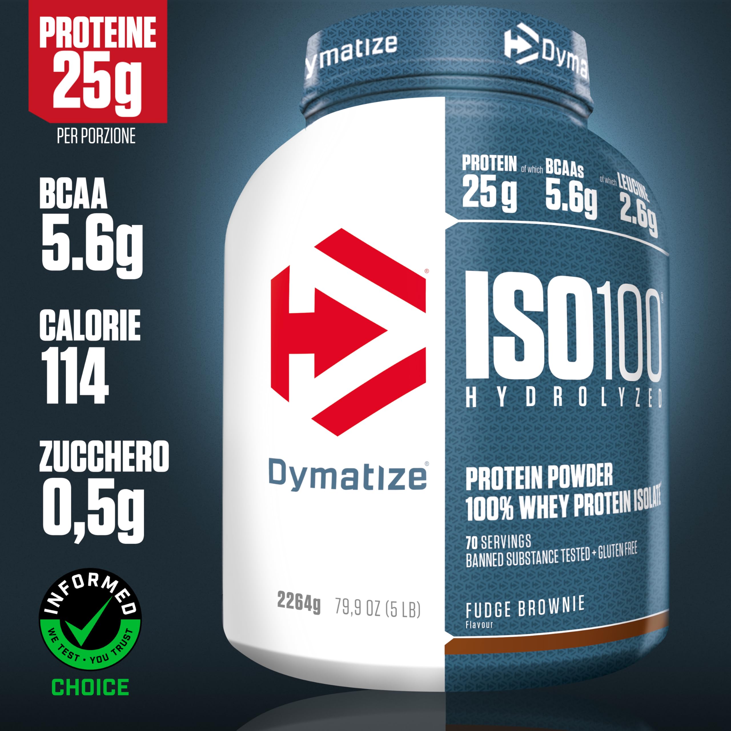 Dymatize ISO 100 Hydrolyzed Fudge Brownie 2264g - Proteine del siero di latte idrolizzate e isolate in polvere, 70 Portioni