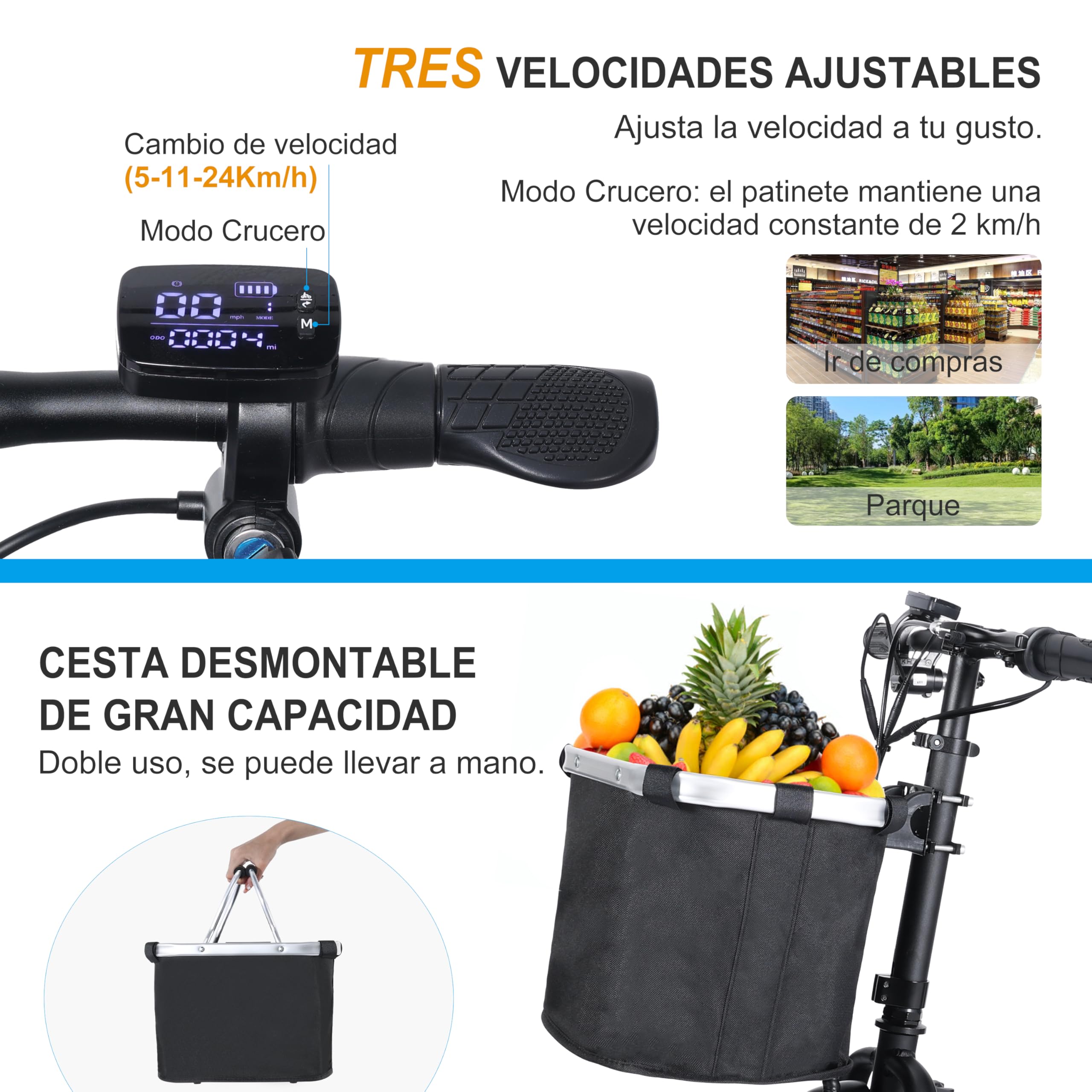 TopMate ES15 Patinete 3 Ruedas para Mayores, E-Triciclo Ligero Plegable con Doble Motor 500W y 3 Velocidades, Capacidad 136 kg, Batería Extraíble Aprobada para Avión