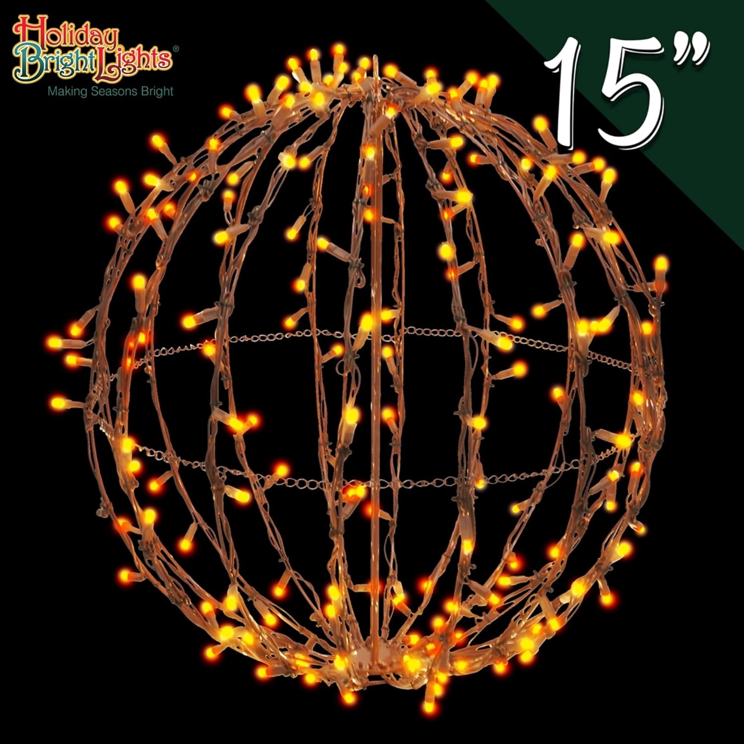 Holiday Bright Lights 15 Inch LED Foldable Brown Sphere with 120 Orange Lights, Indoor Outdoor Christmas Pathway Ball Decoration for Yard Garden Patio and Garage