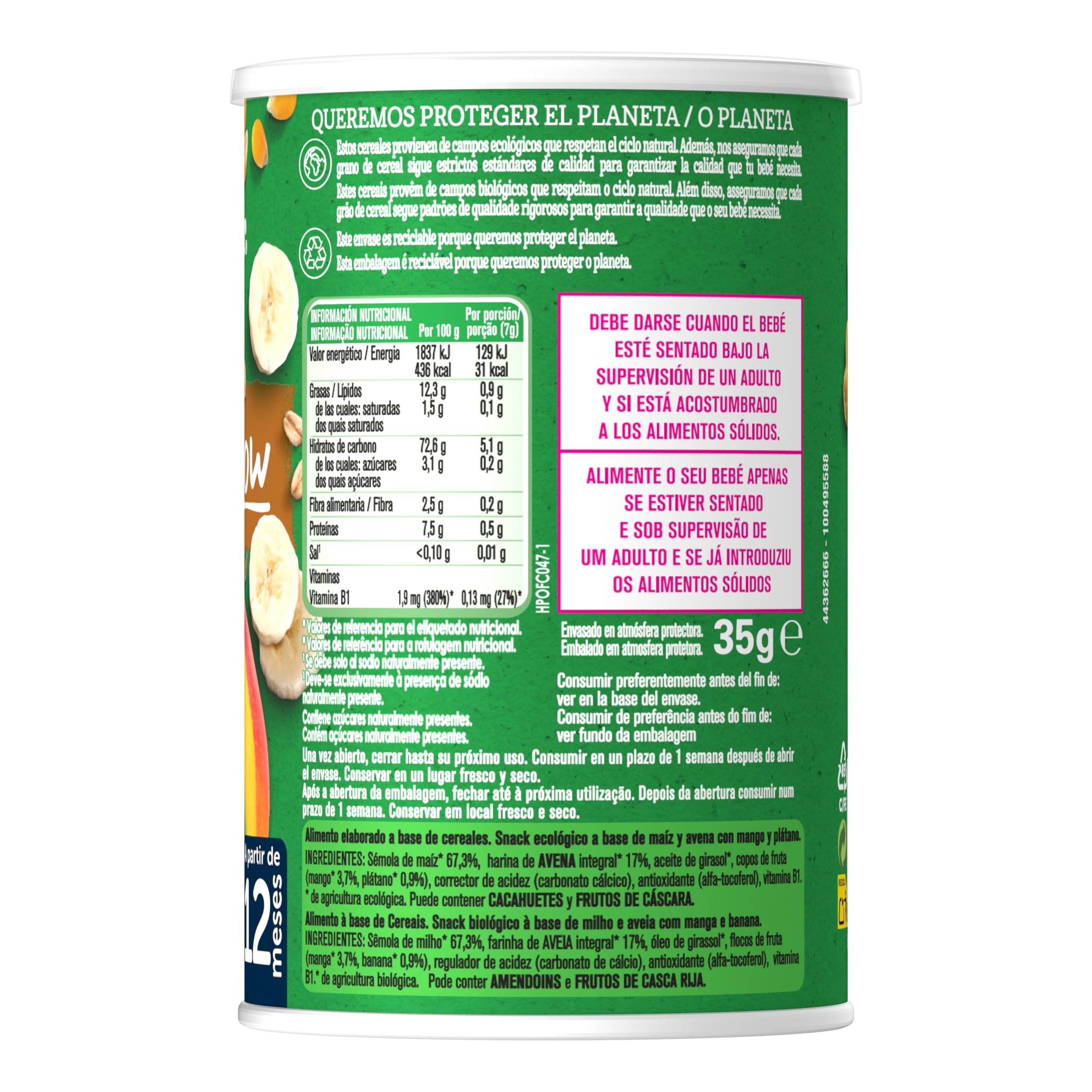 Gerber Organic Snack Maíz y Avena con Mango, 12 meses, 5 x 35 g