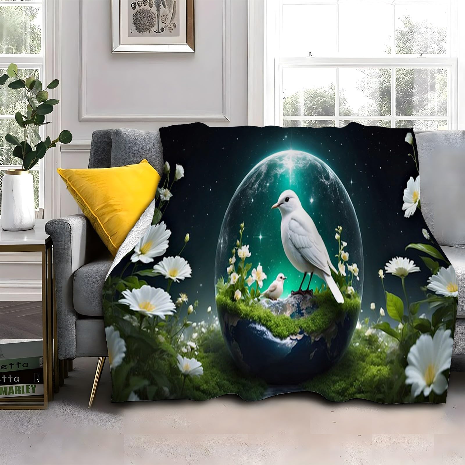 Couverture polaire oiseau blanc plaid lit fleur blanche 180x200
