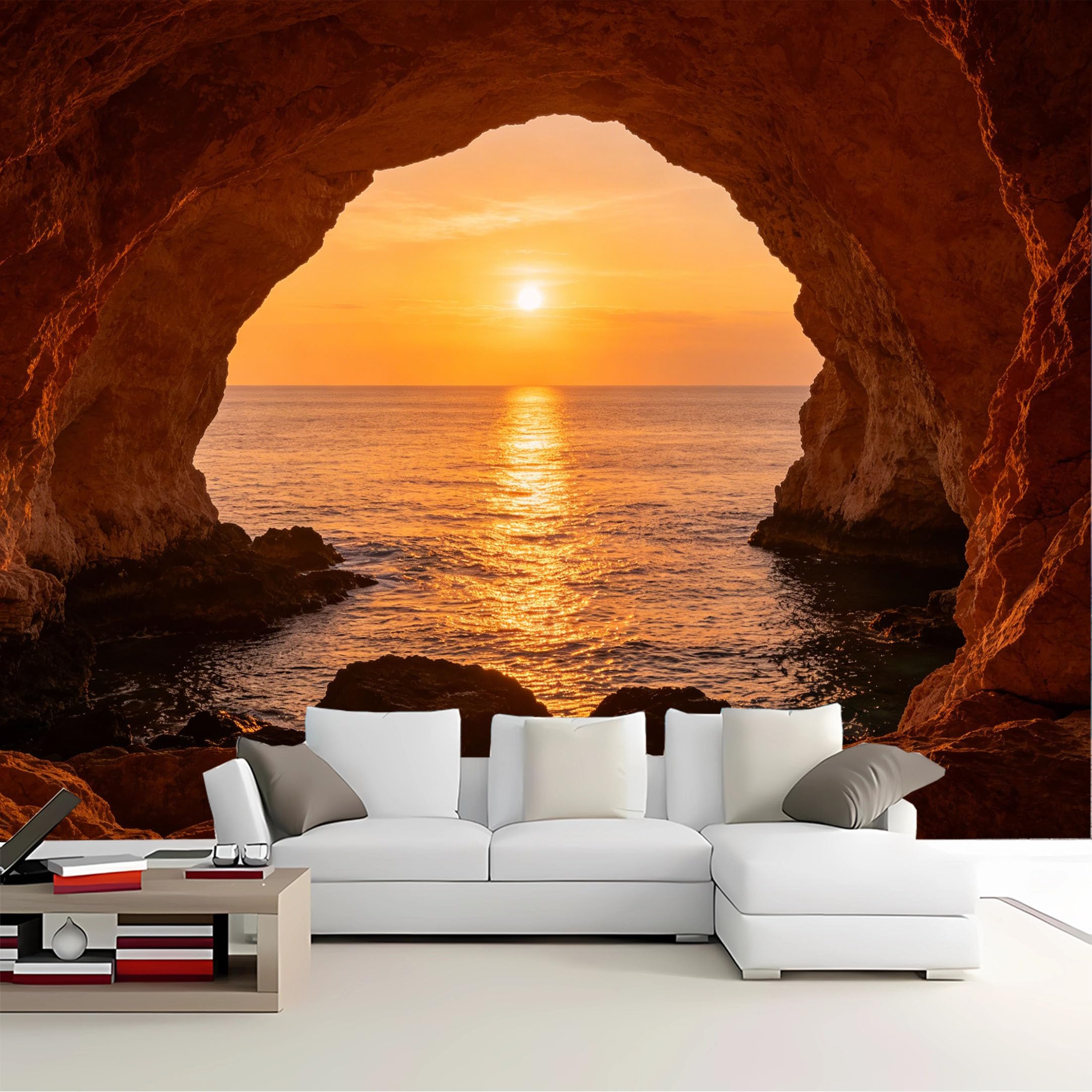 Custom Size Wall Mural Cave View Ocean Sunset Removable Self Adhesive Peel and Stick Wallpaper for Bedroom Living Room Dining Room