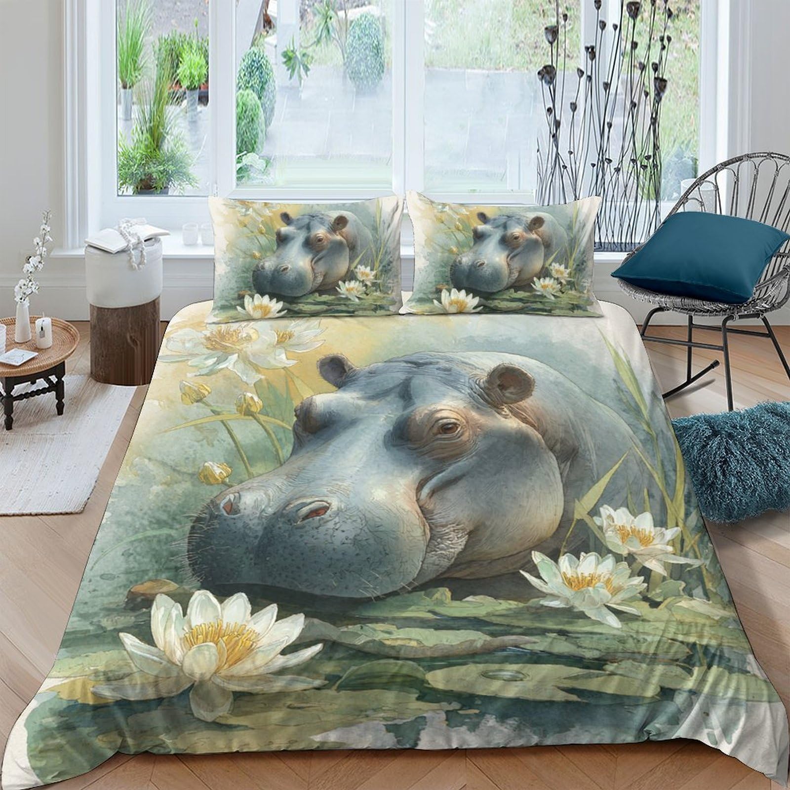 Ctjqhvkz Style-9 3D Printed Hippo Water Lily Fitted Sheet Microfiber Soft Anti-Slip Bed Sheet Bedroom Guest Room Decor Easy Care Single（135X200cm）