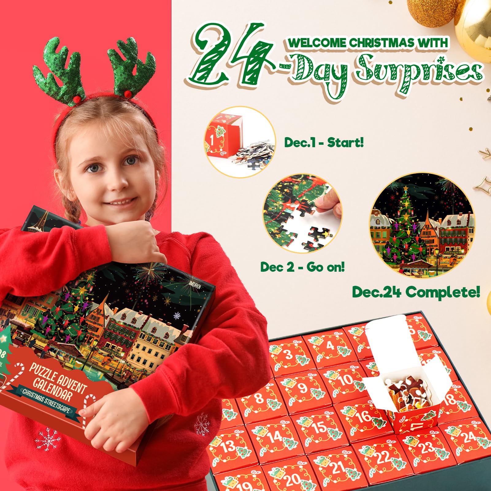 Imdroi Christmas Puzzle Advent Calendar 2024 - Christmas Streetscape Jigsaw Puzzle Family Advent Calendar 1000 Pieces for Kids and Adult, 24 Day Countdown Advent Calendars Xmas Gift for Boys Girls